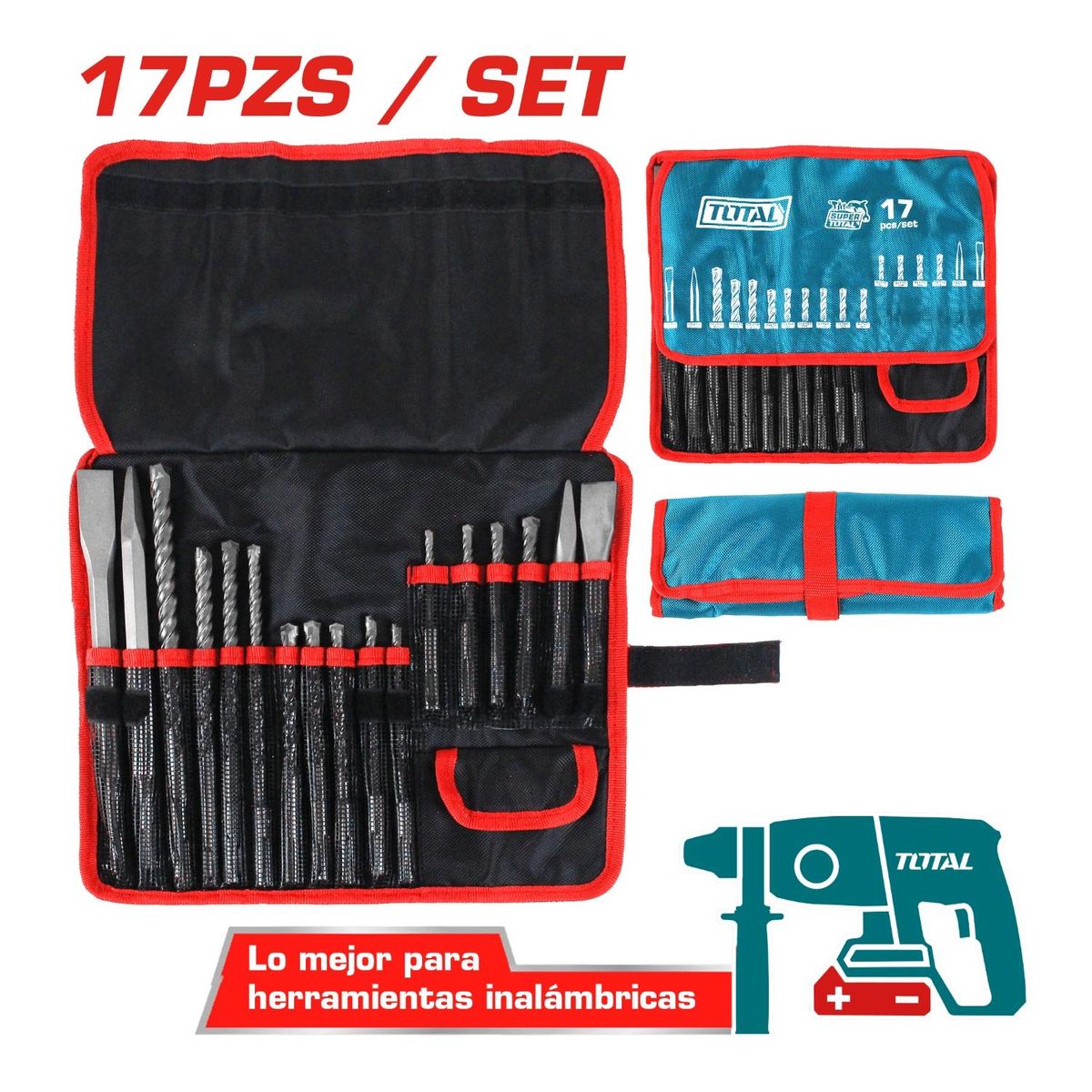 TOTAL TOOLS - Set Brocas y Cinceles para Rotomartillo SDS PLUS 17pcs Total