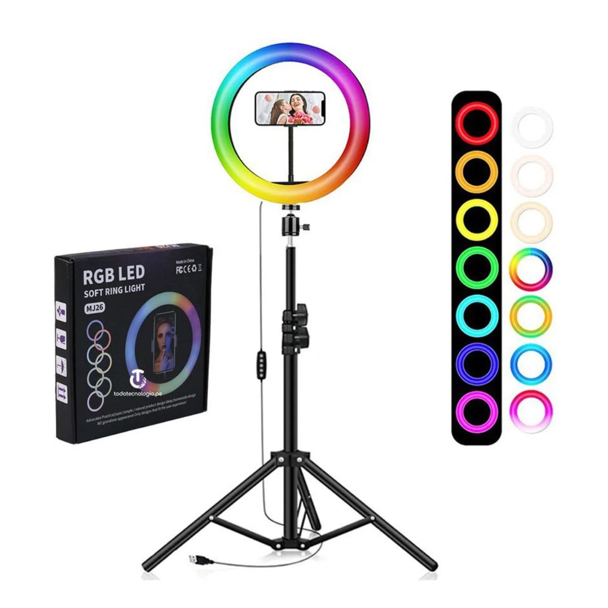 GENERICO - ARO LUZ LED 26CM RGB COLORES + TRIPODE 2.10 METROS KIT