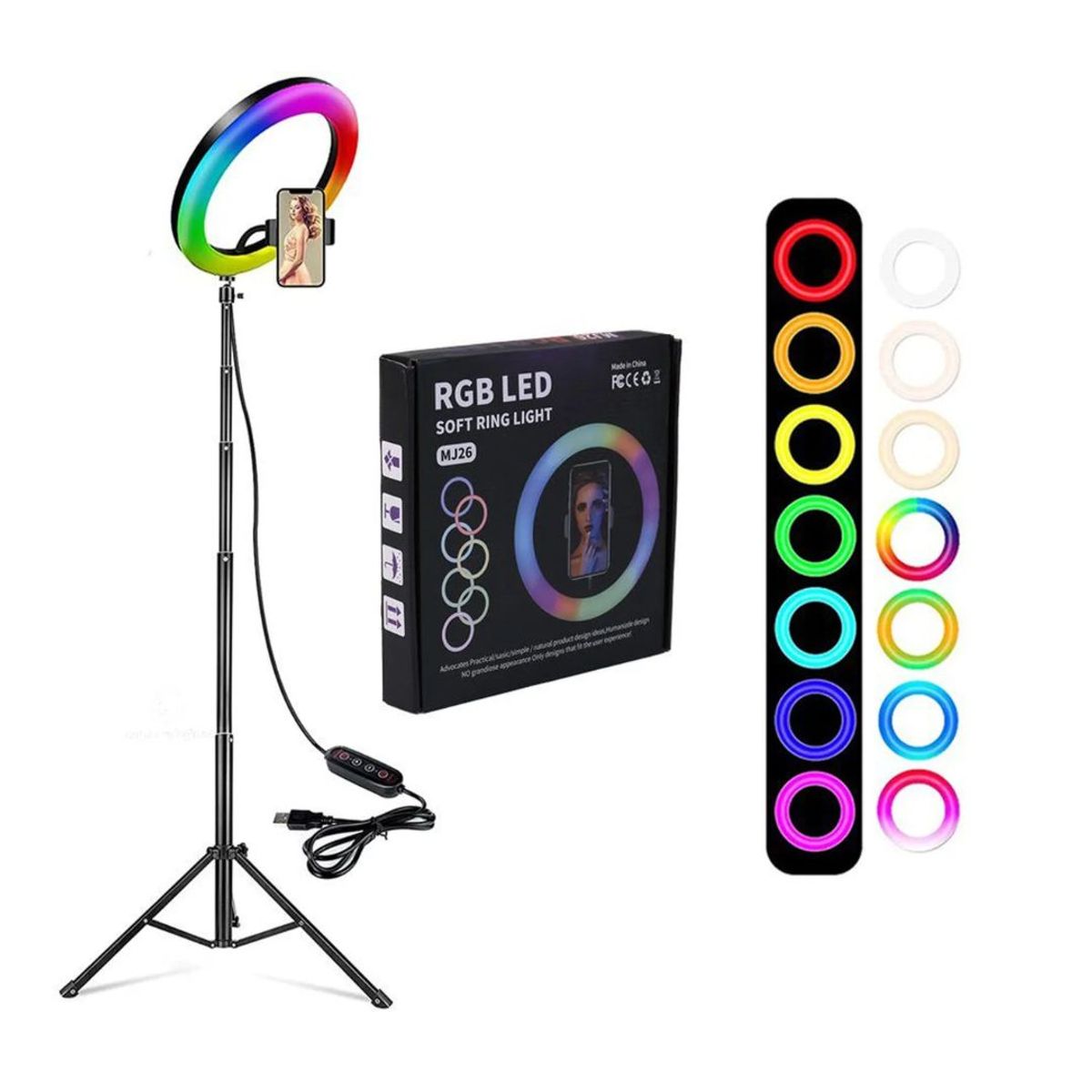 GENERICO - ARO LUZ LED 26CM RGB COLORES + TRIPODE 2.10 METROS KIT