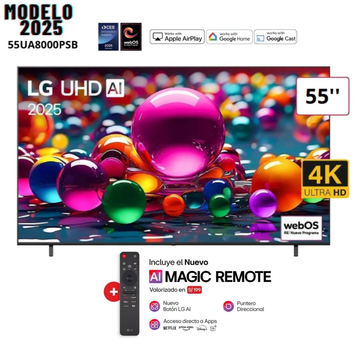 LG - TELEVISOR 55" LG UHD 4K THINQ AI 55UA8000PSB SMART TV  (2025)