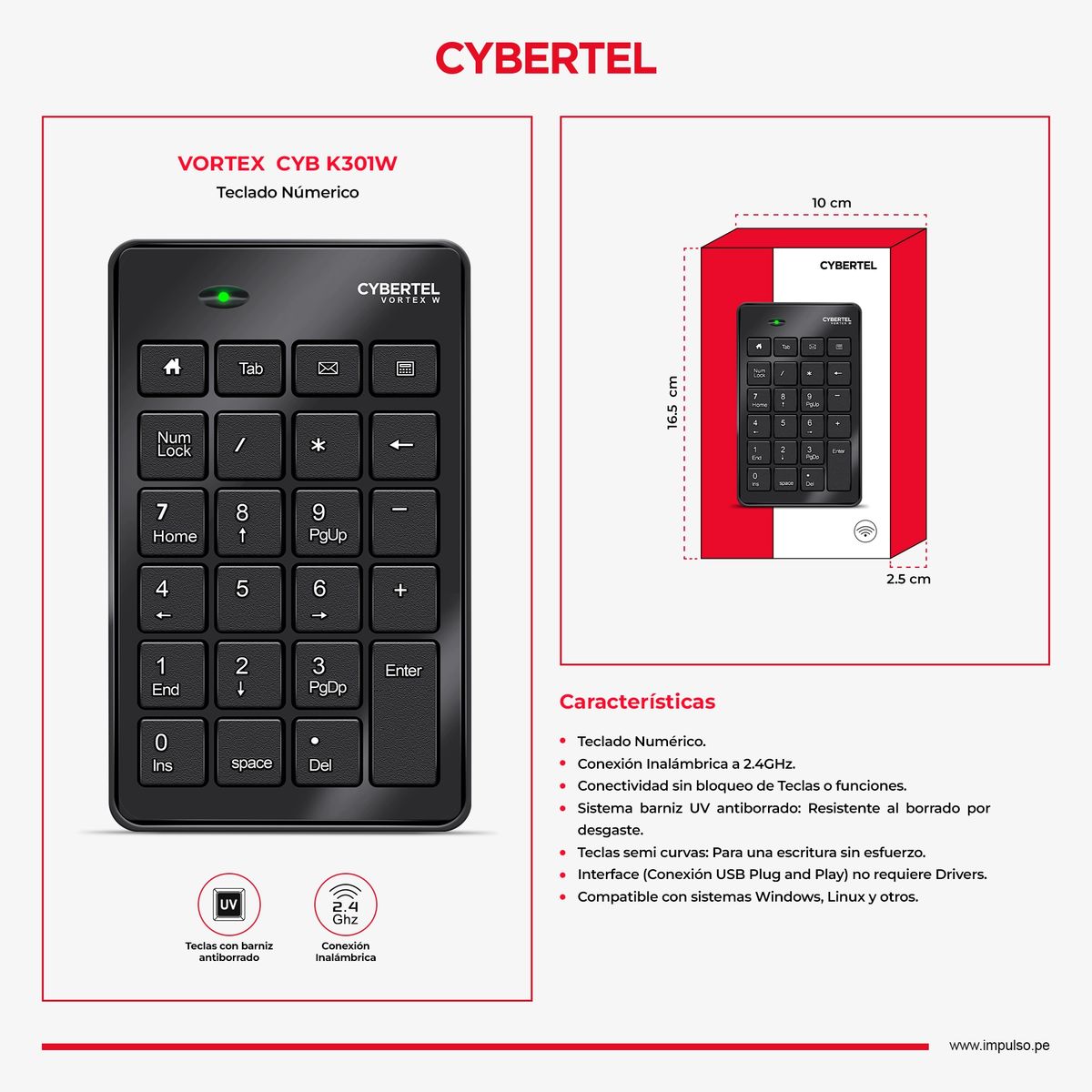 CYBERTEL - Teclado Numérico inalambrico  Cybertel Vortex - CYB K301W