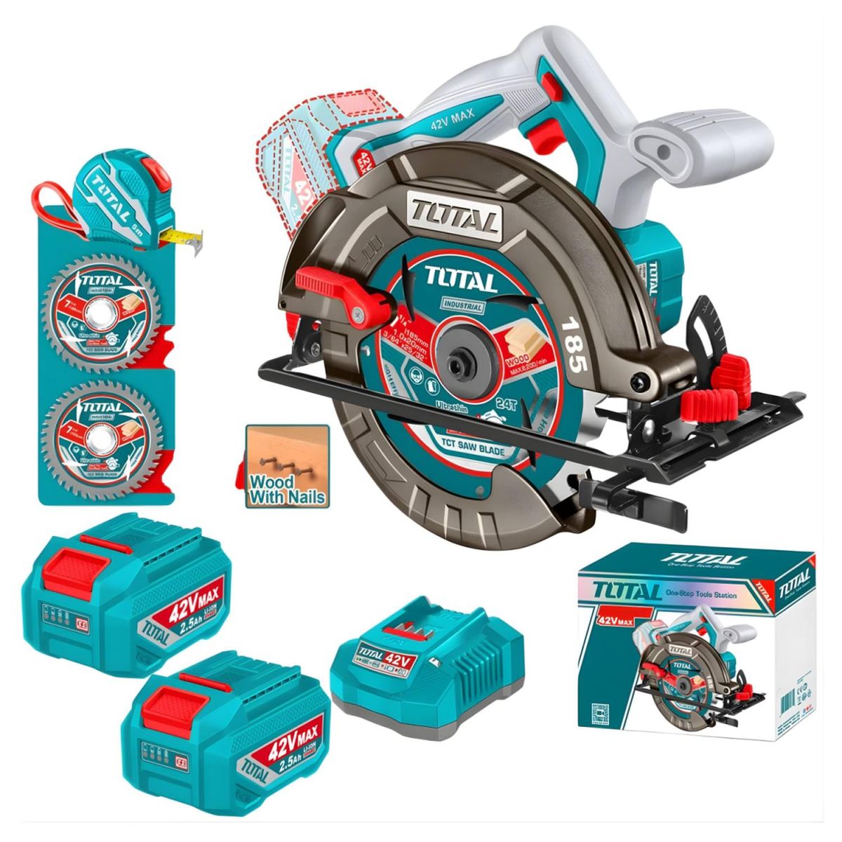 TOTAL TOOLS - Sierra Circular 7 1/4" 185mm + 1 Bateria y Cargador 42v Total