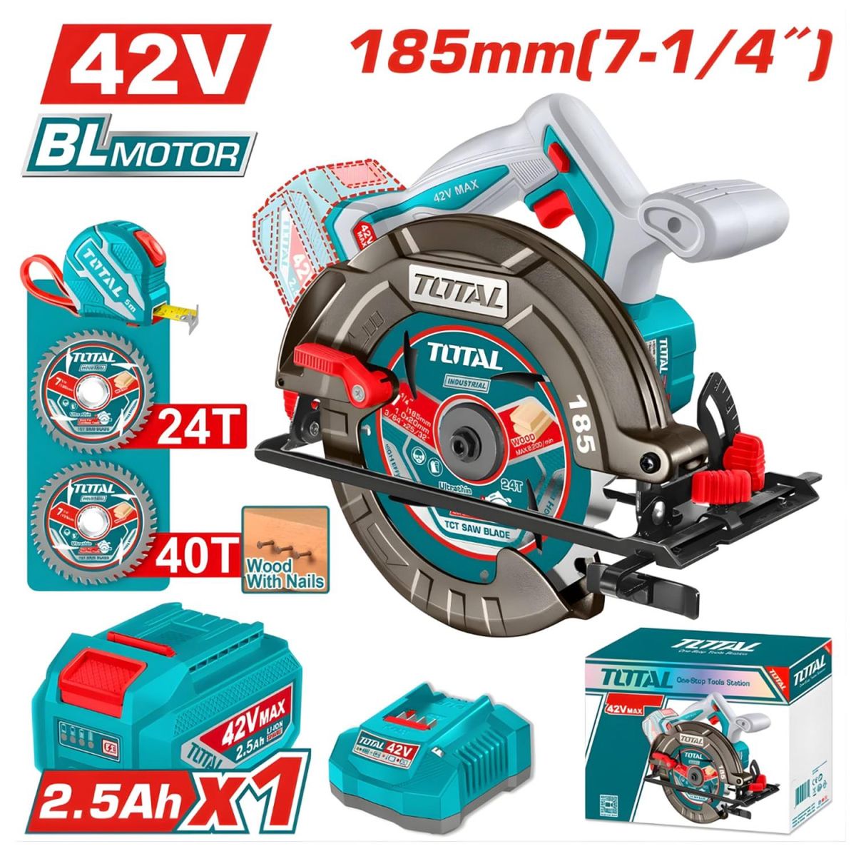 TOTAL TOOLS - Sierra Circular 7 1/4" 185mm + 1 Bateria y Cargador 42v Total