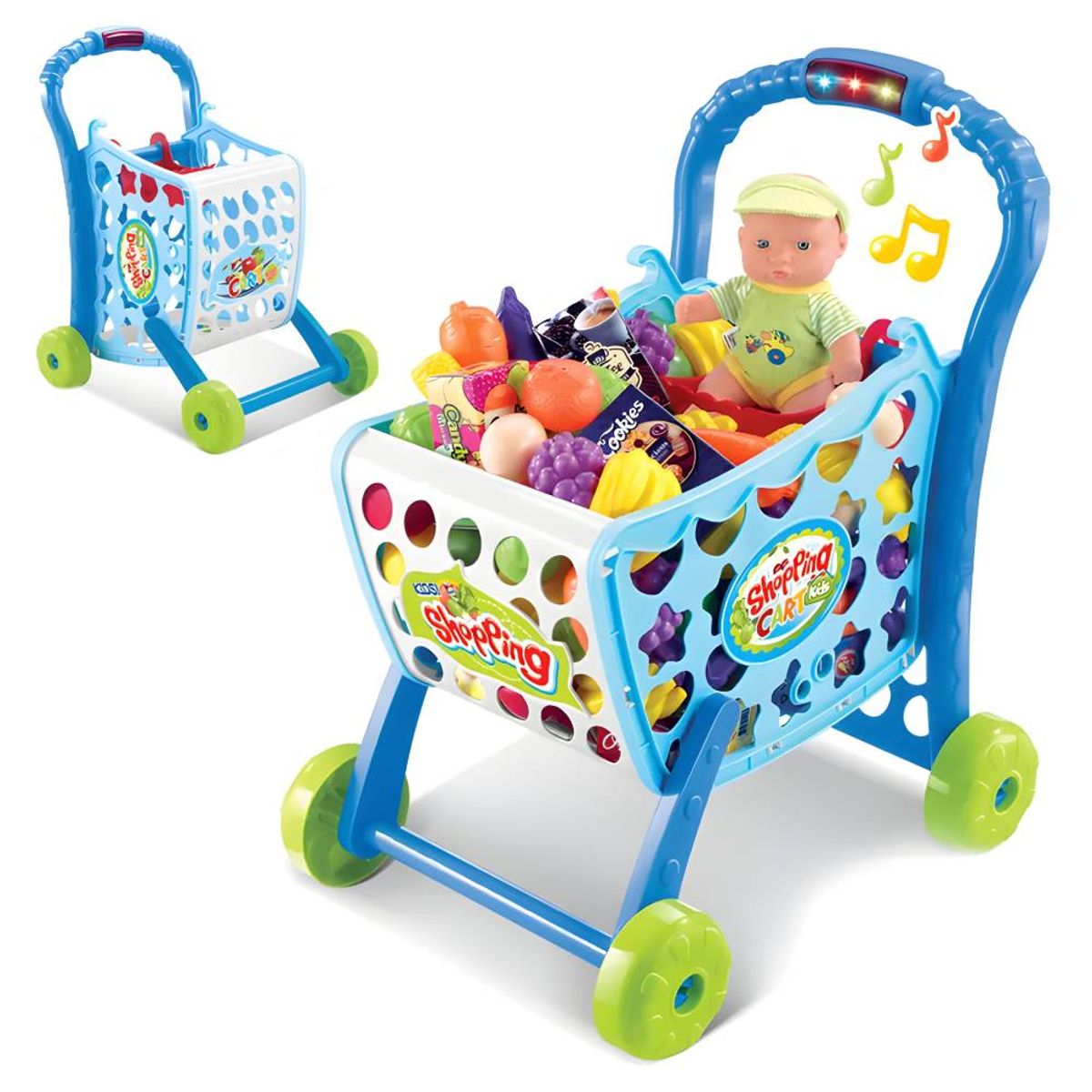 GENERICO - Carrito de Compras Infantil 3 en 1 con Frutas y Accesorios Celeste