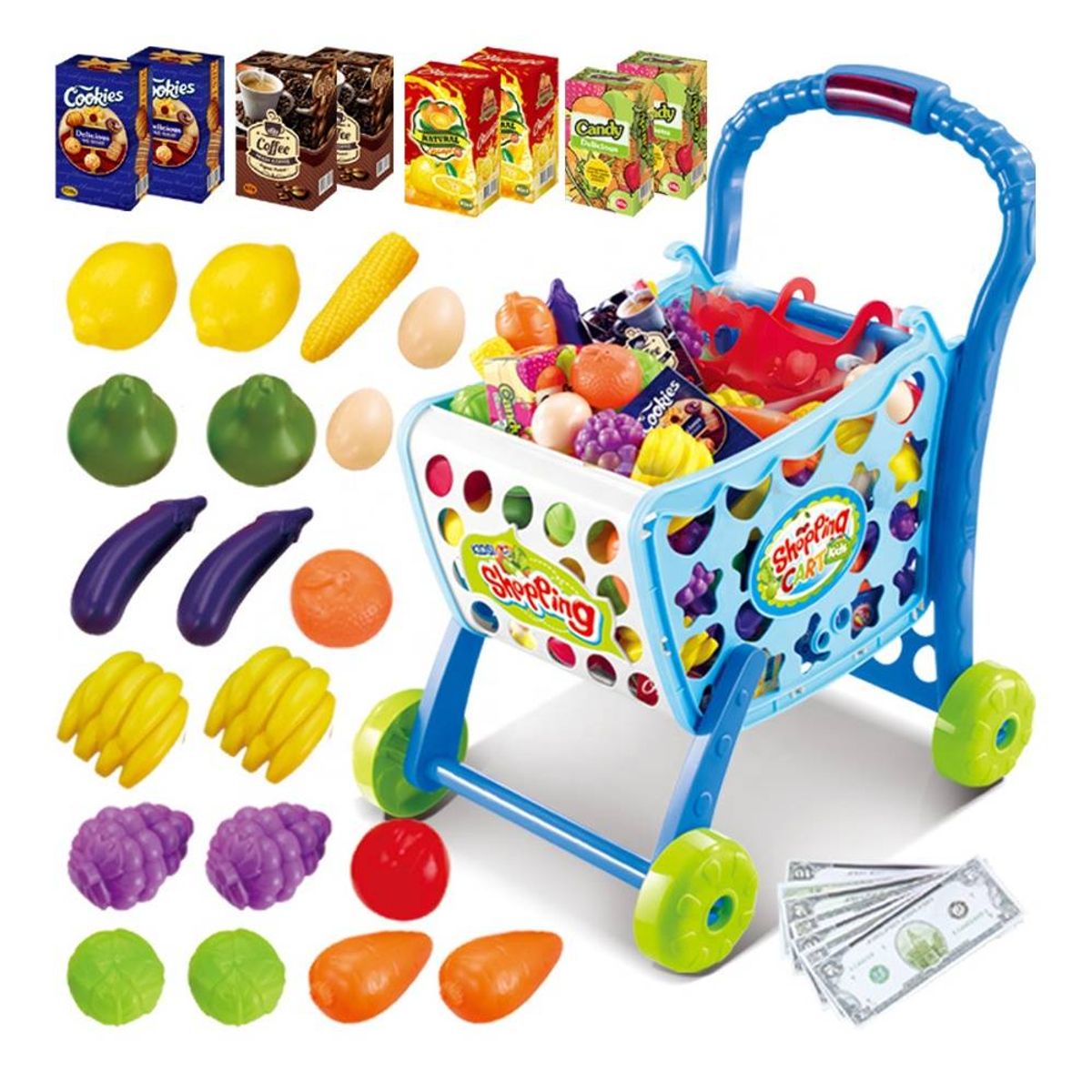 GENERICO - Carrito de Compras Infantil 3 en 1 con Frutas y Accesorios Celeste