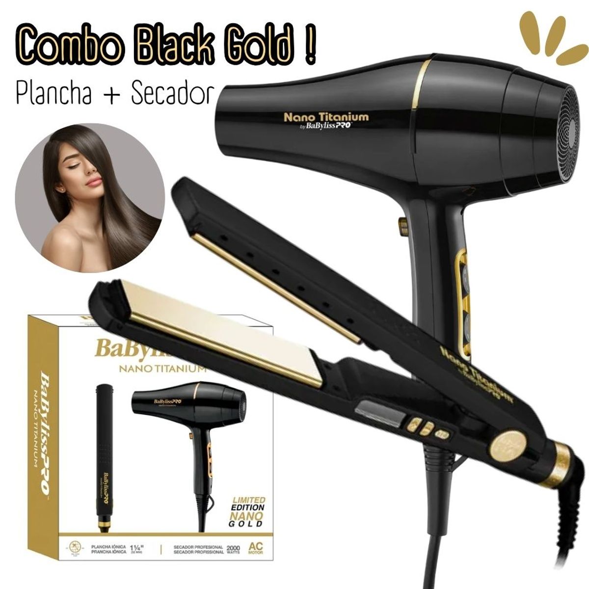 BABYLISS PRO - Combo BabylissPro Edicion Ilimitada Plancha Black Gold + Secador Nano Gold - BNTBGPP43PE