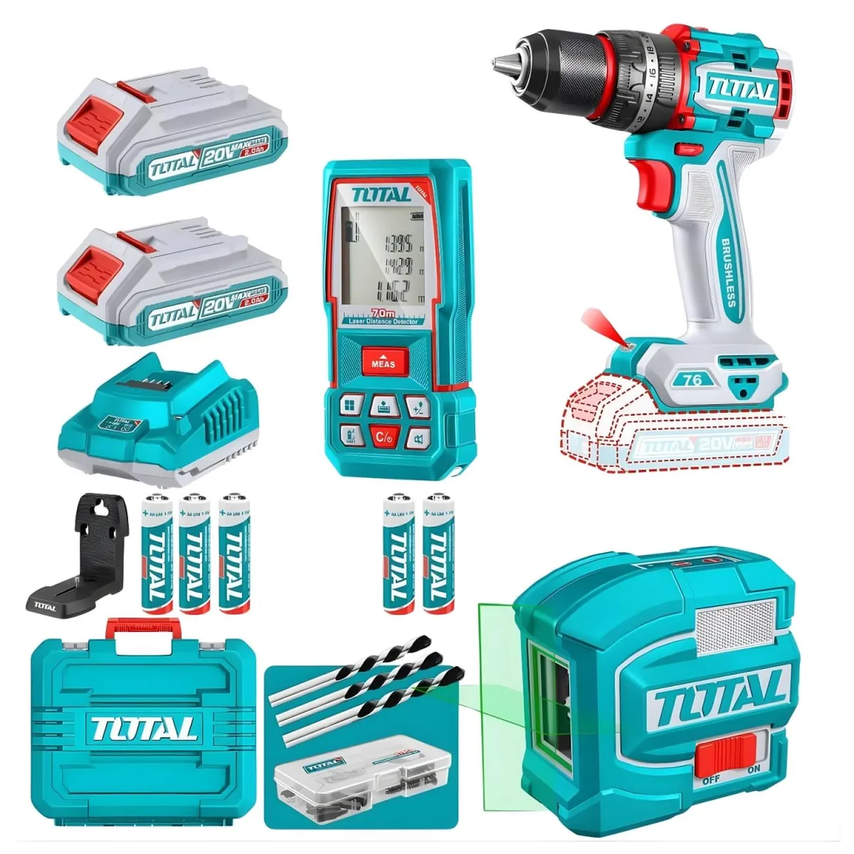 TOTAL TOOLS - Combo Taladro 76nm + Nivel Laser de 2 Lineas + Medidor de Distancia Laser 70m Total
