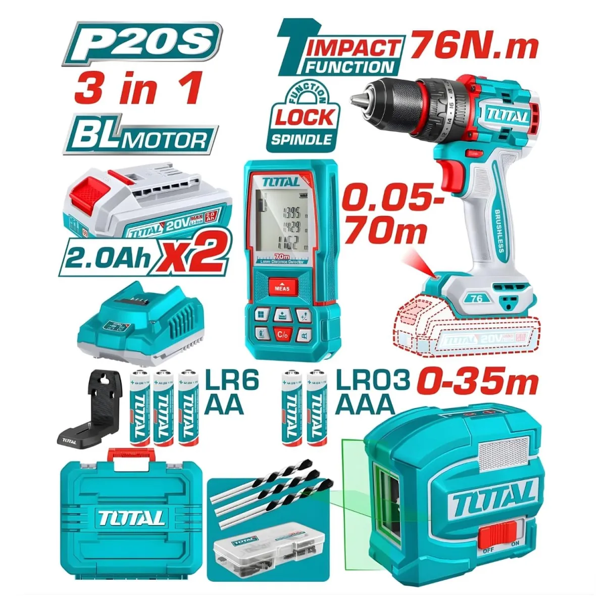TOTAL TOOLS - Combo Taladro 76nm + Nivel Laser de 2 Lineas + Medidor de Distancia Laser 70m Total