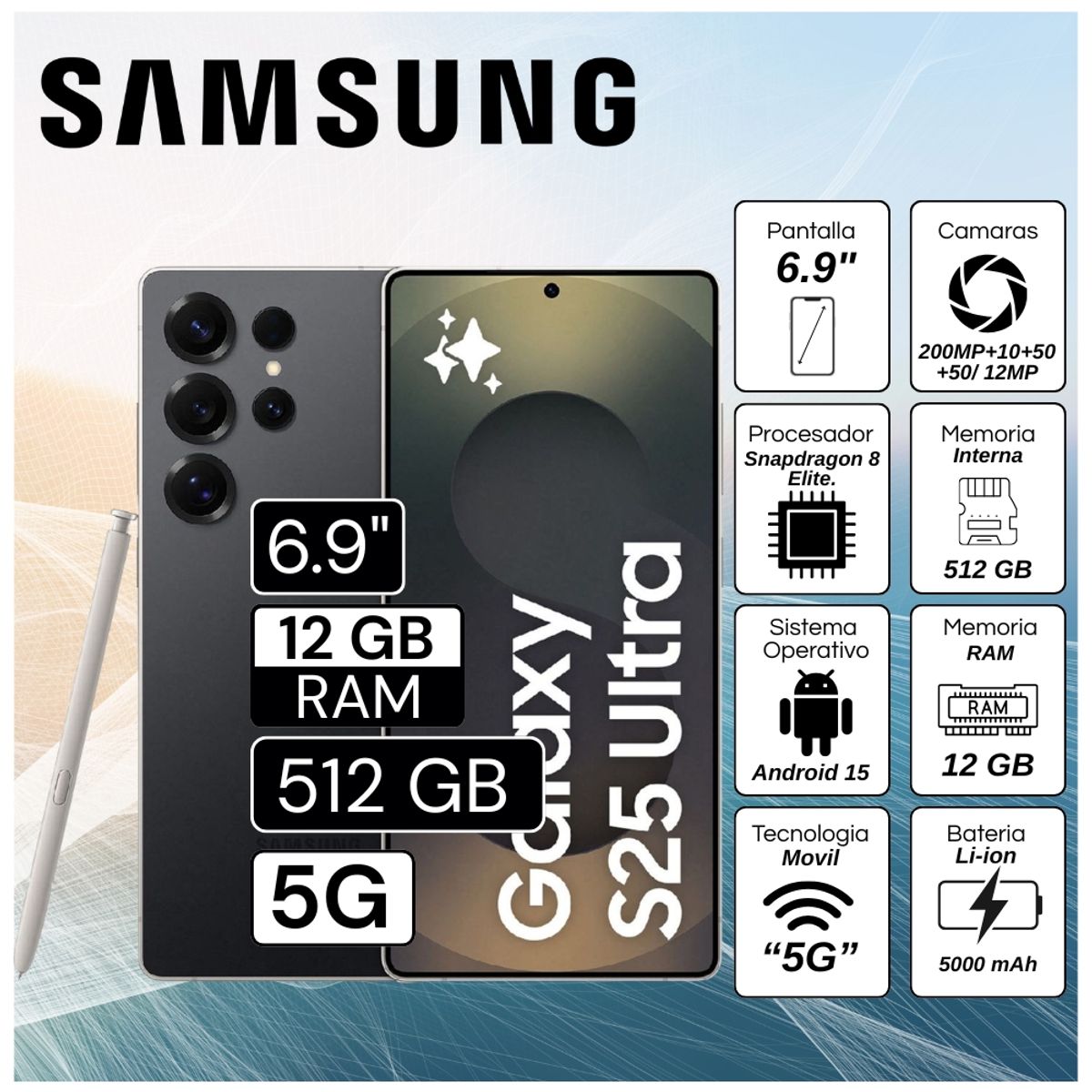 SAMSUNG - Celular Samsung Galaxy S25 Ultra 5G 6.9"  Pulg. 12GB RAM 512GB Android 15 - Negro