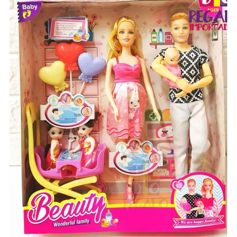 GENERICO - Muñeca Barbie Embarazada con Familia Incluye Coche de Paseo