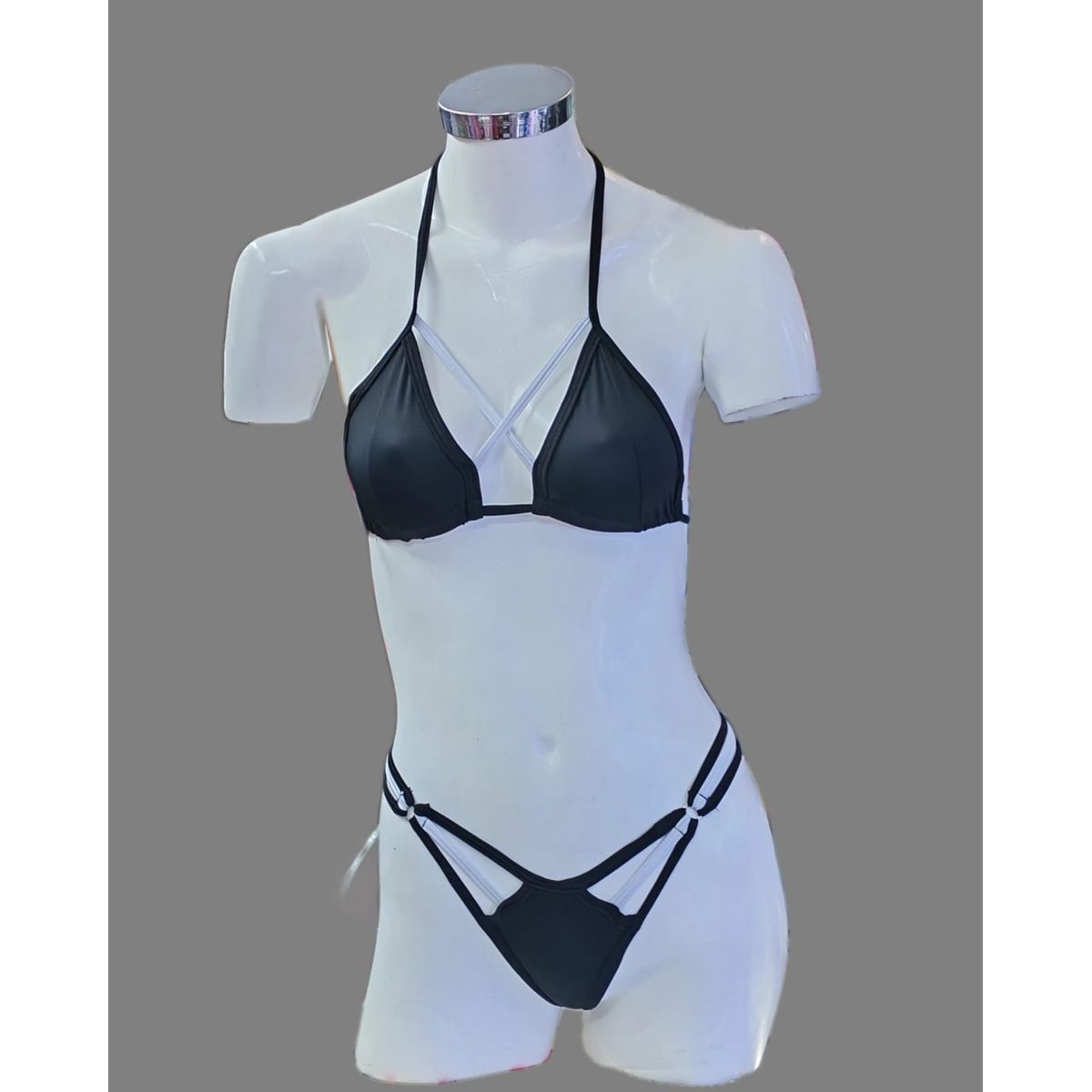 GENERICO - Conjunto para Baile 2Pzas Bra NEGRO tiras blancas Talla SM Hilo NEGRO Microfibra DEALCOBA