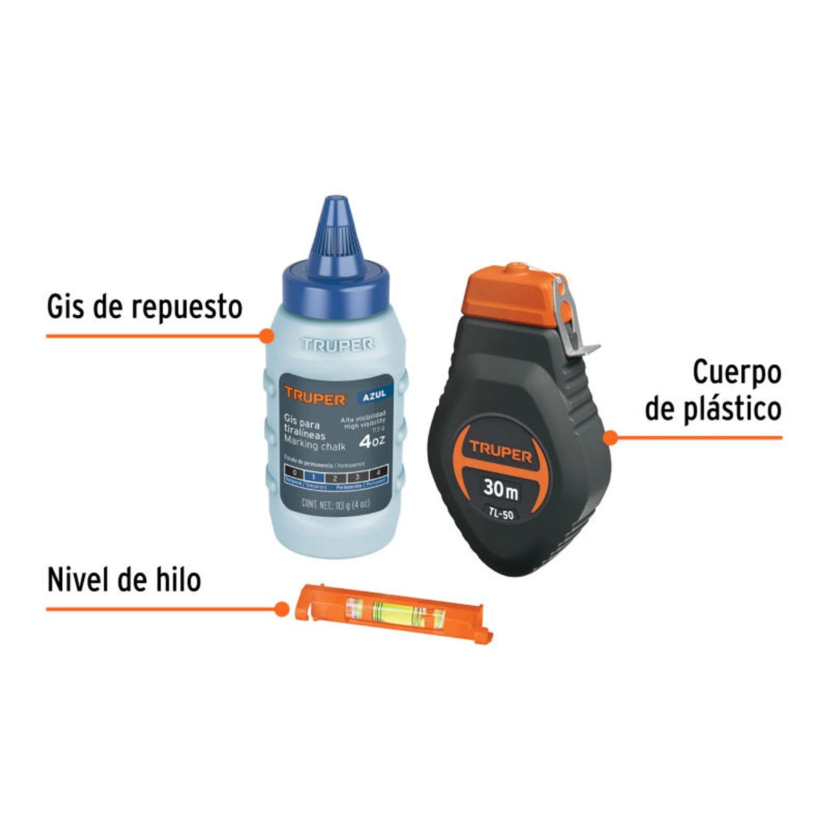 TRUPER - Tiralíneas plástico con gis y nivel 30 m 100 ft Truper - 18574