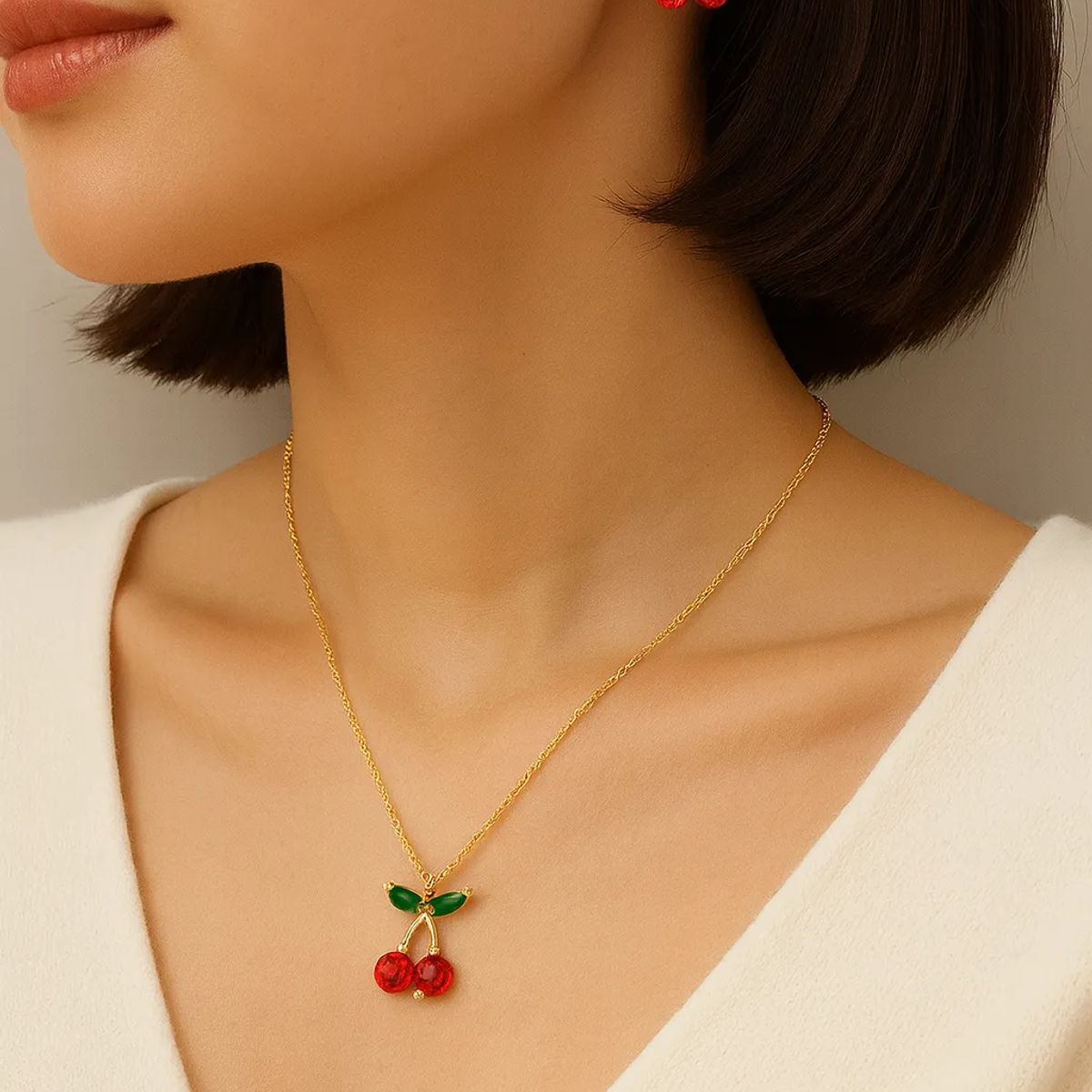 GENERICO - Set Collar y Aretes Mujer Cereza Oro Rosa Regalo Elegante