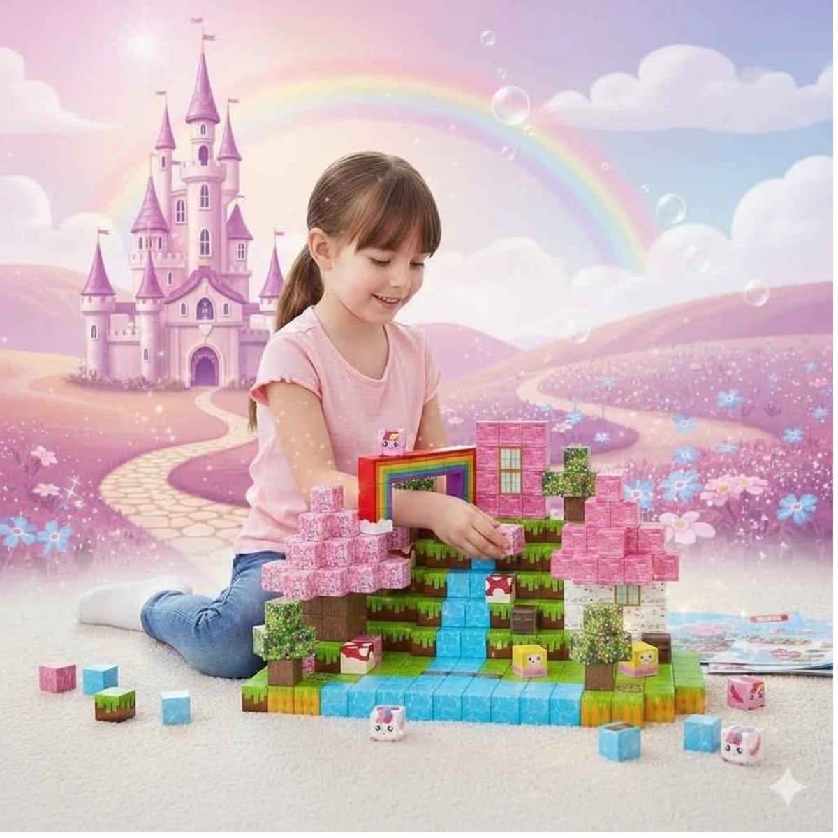 GENERICO - BLOQUES MAGNÉTICOS MINECRAFT DE 100 PCS CASTILLO ROSADO