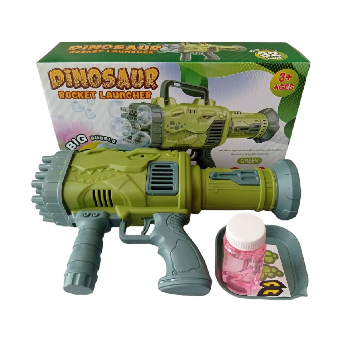 GENERICO - BURBUJERO BIG BUBBLE 32 HOLD DINOSAURIO PISTOLA BURBUJAS VERDE