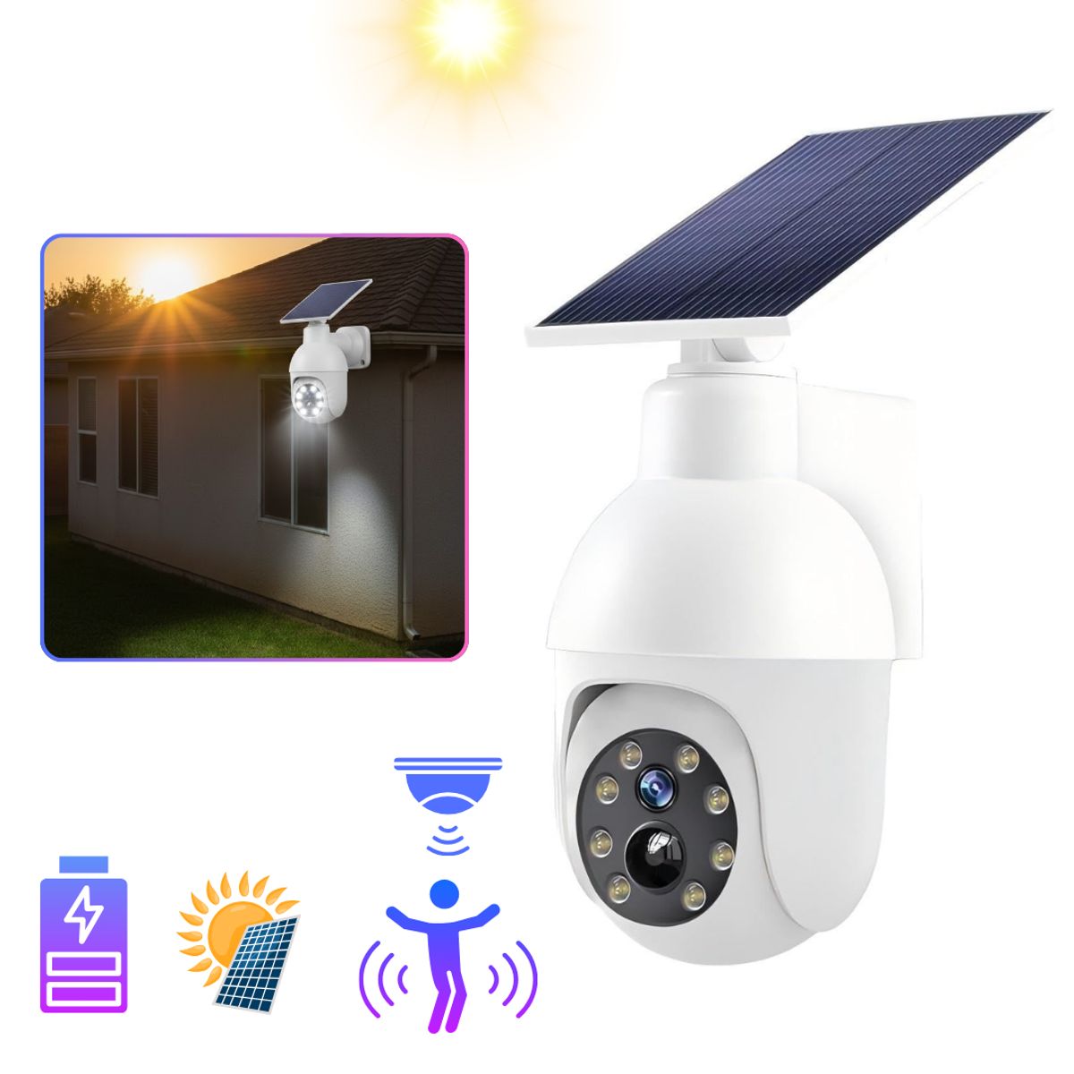 SEISA - Lampara Farola Foco Luz LED con Panel Solar para Exterior Recargable Simulador  de Cámara