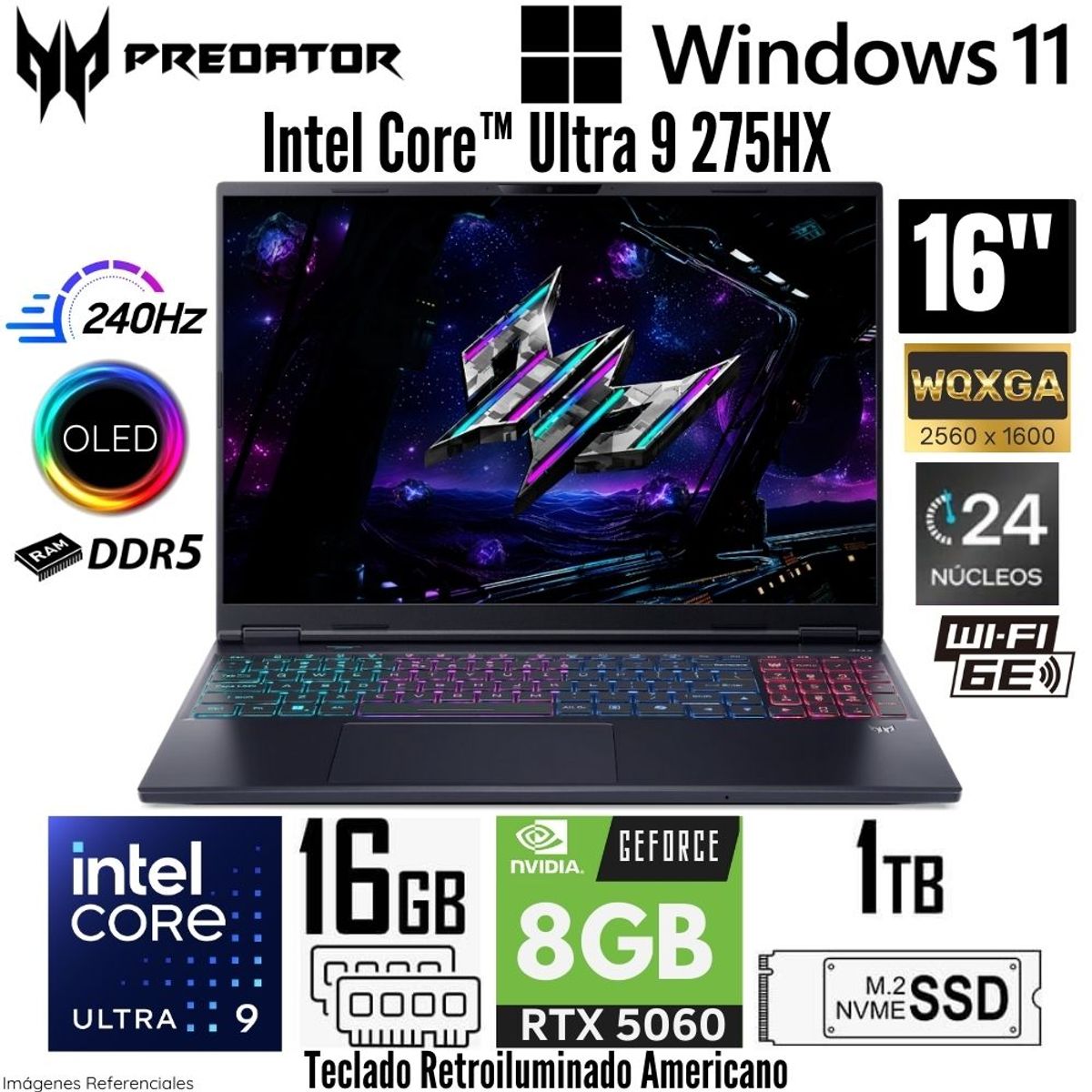 ACER - Laptop Acer Predator Helios Neo 16 AI Intel Core Ultra 9 275HX 16GB RAM 1TB SSD RTX 5060-8GB 16"  WQXGA OLED