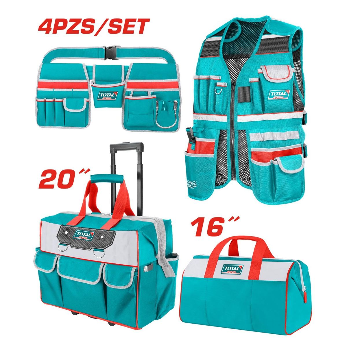 TOTAL TOOLS - PortaHerramientas Chaleco + Maletin + Bolso + Cinturón Total