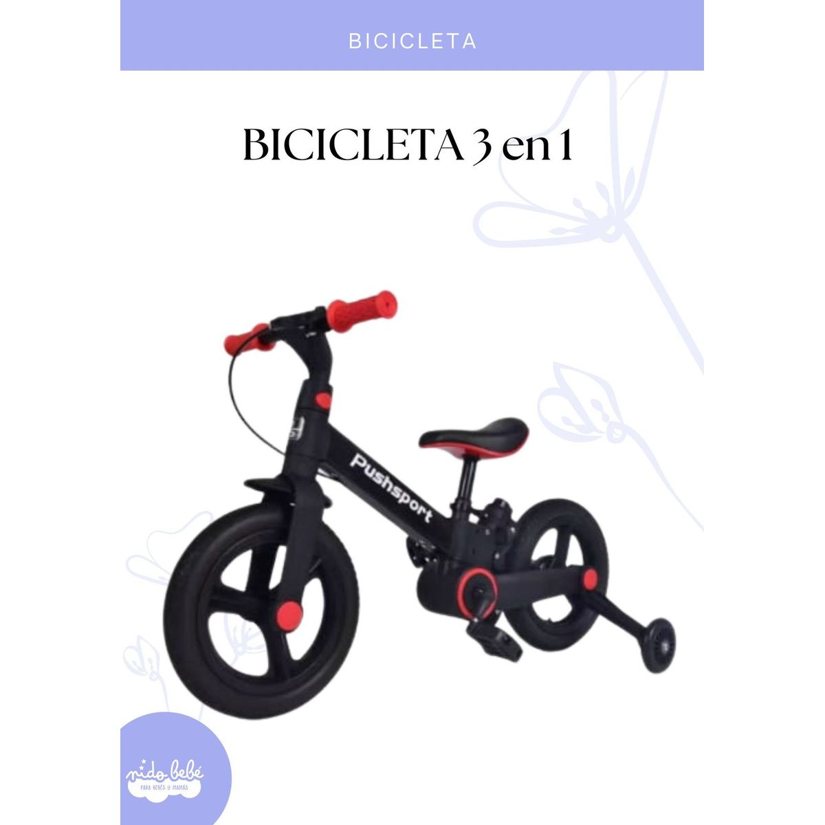 BABY - BICICLETA INFANTIL 3 EN 1 - COLOR ROJO Y NEGRO
