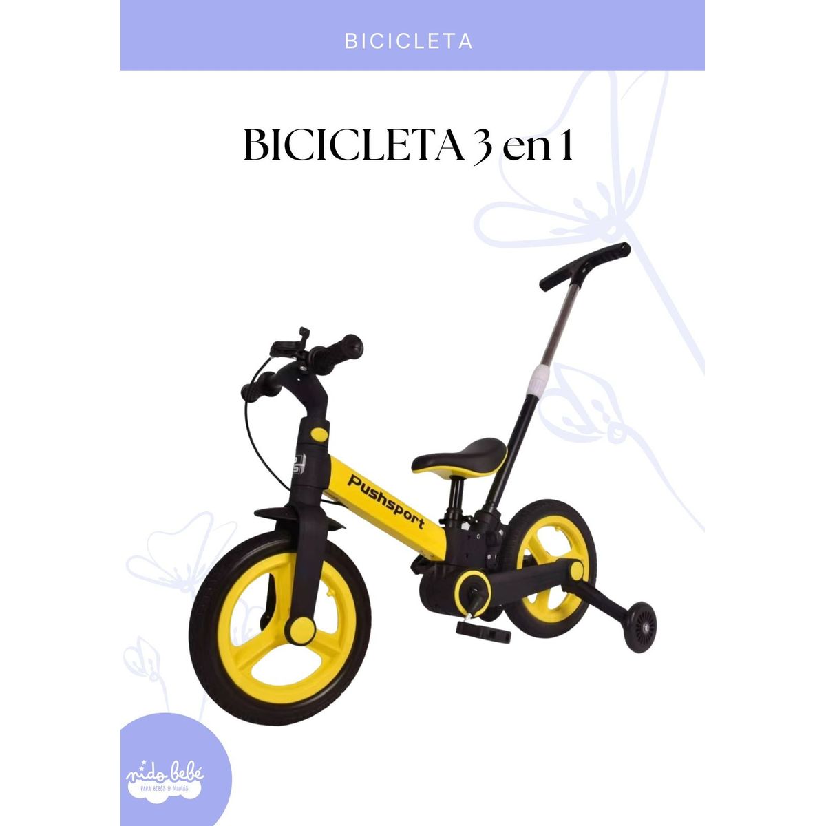 BABY - BICICLETA INFANTIL 3 EN 1 - COLOR AMARILLO Y NEGRO