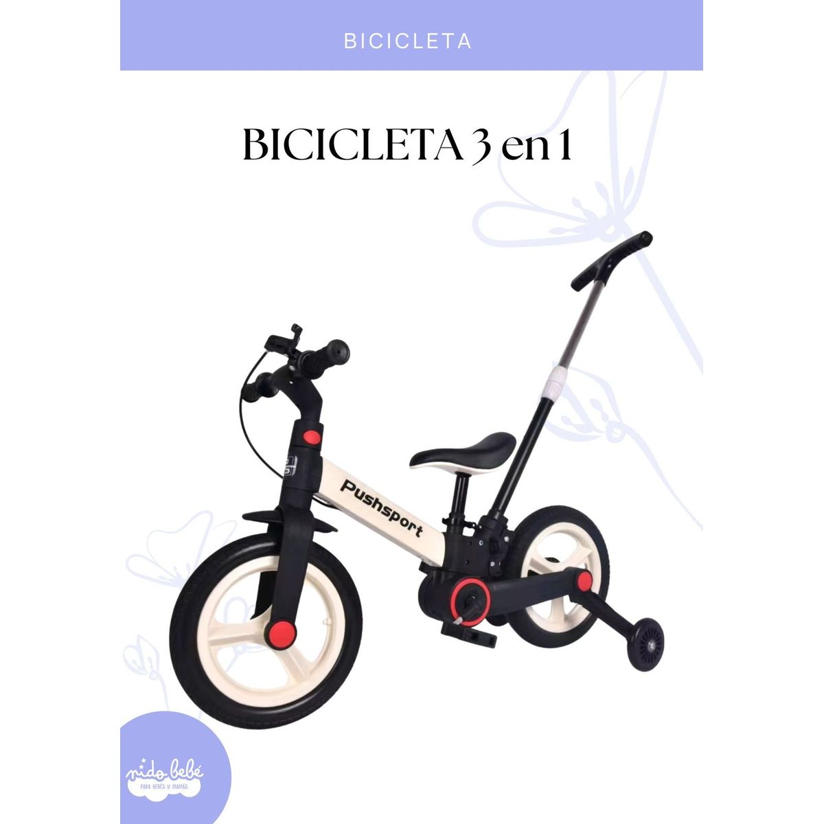 BABY - BICICLETA INFANTIL 3 EN 1 - COLOR BLANCO Y NEGRO
