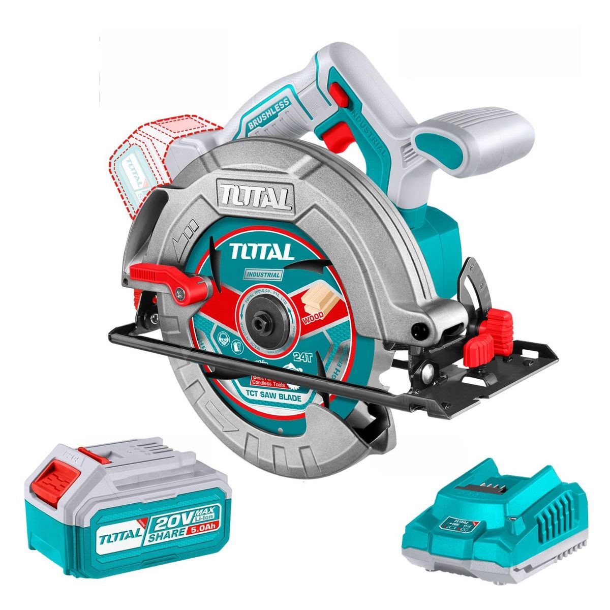 TOTAL TOOLS - Sierra Circular Industrial 7-1/4'' 185mm + 1 Batería 5ah + Cargador 20v Total