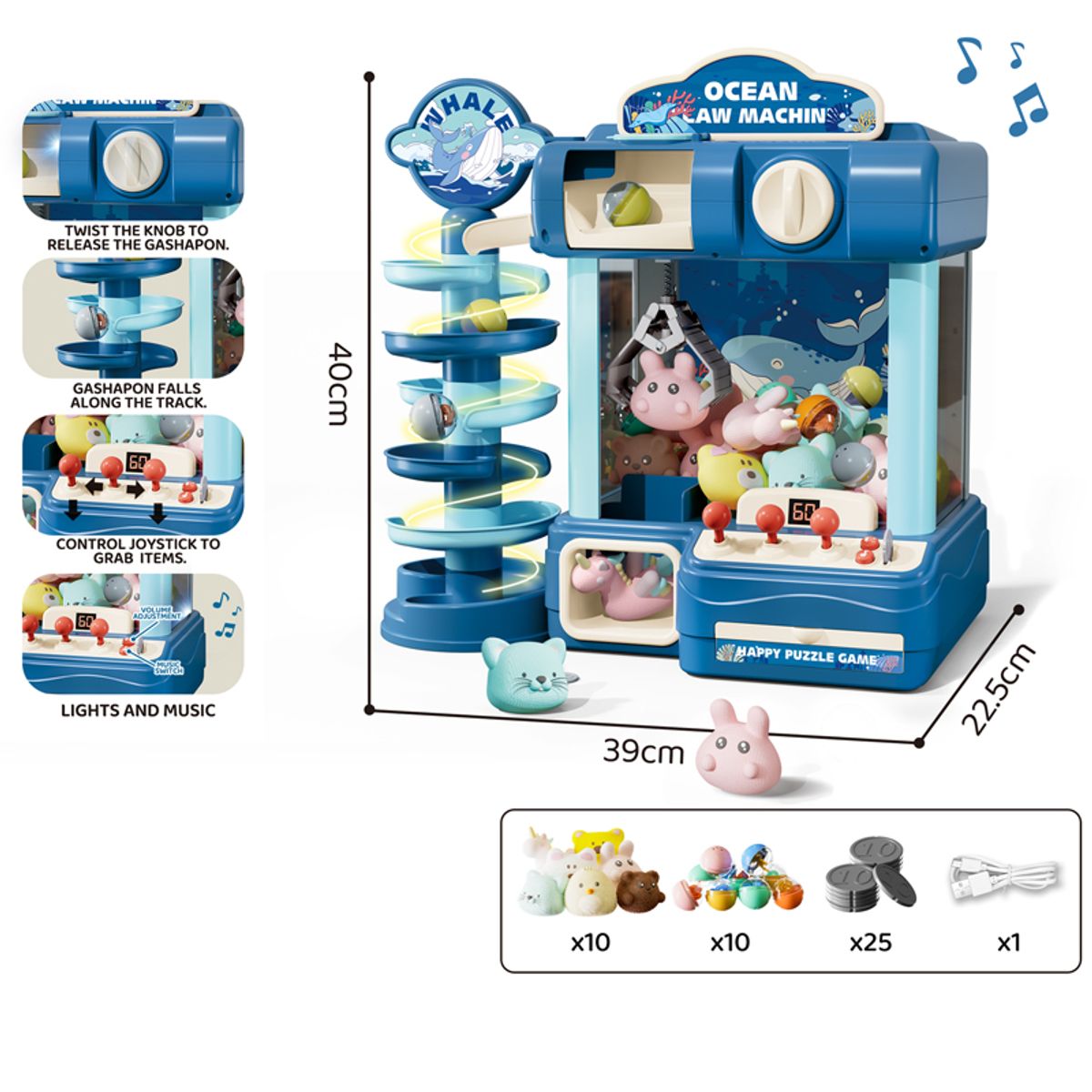 GENERICO - Máquina Atrapa Peluches Infantil con Luces, Música y Accesorios – 40 cm Color Azul