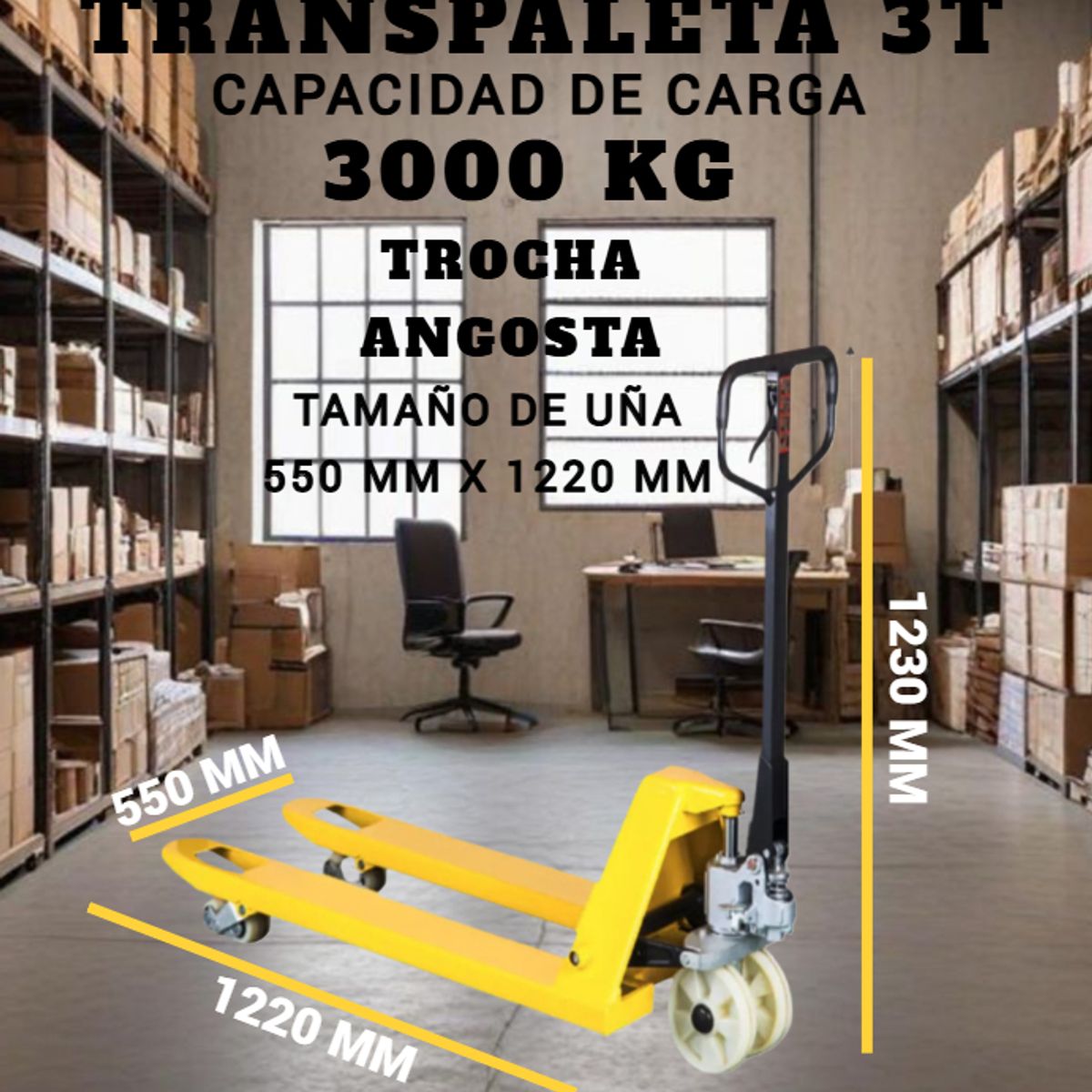 TRANSPALETA 3000 KG ELEVADOR MANUAL PATO DE CARGA RUEDAS NYLON TROCHA ANGOSTA, marca GENERICO - Foto Principal