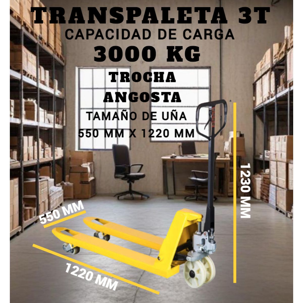 TRANSPALETA 3000 KG ELEVADOR MANUAL PATO DE CARGA RUEDAS NYLON TROCHA ANGOSTA, marca GENERICO - Foto Principal