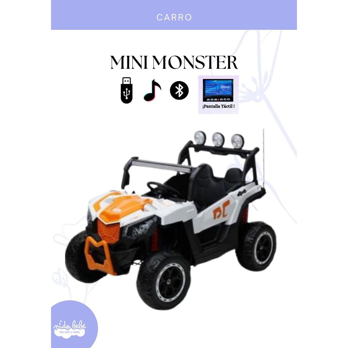 GENERICO - CARRO A BATERIA MODELO MINI MONSTER COLOR BLANCO Y ANARANJADO