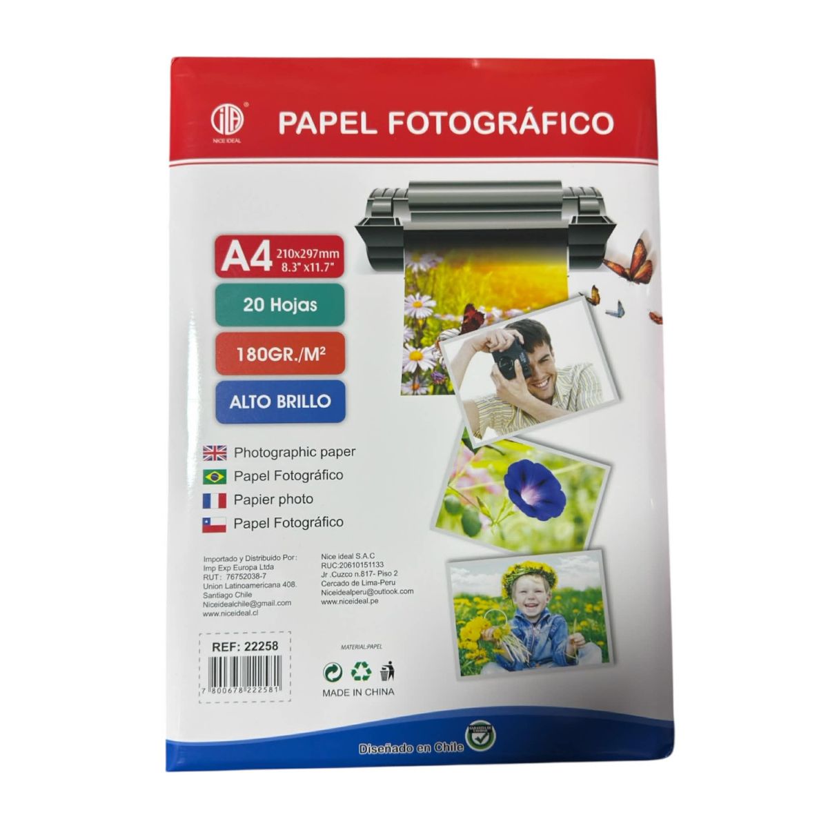 GENERICO - PAPEL FOTOGRÁFICO A4 BRILLANTE 180GR PARA IMPRESORAS DE TINTA 20 HOJAS