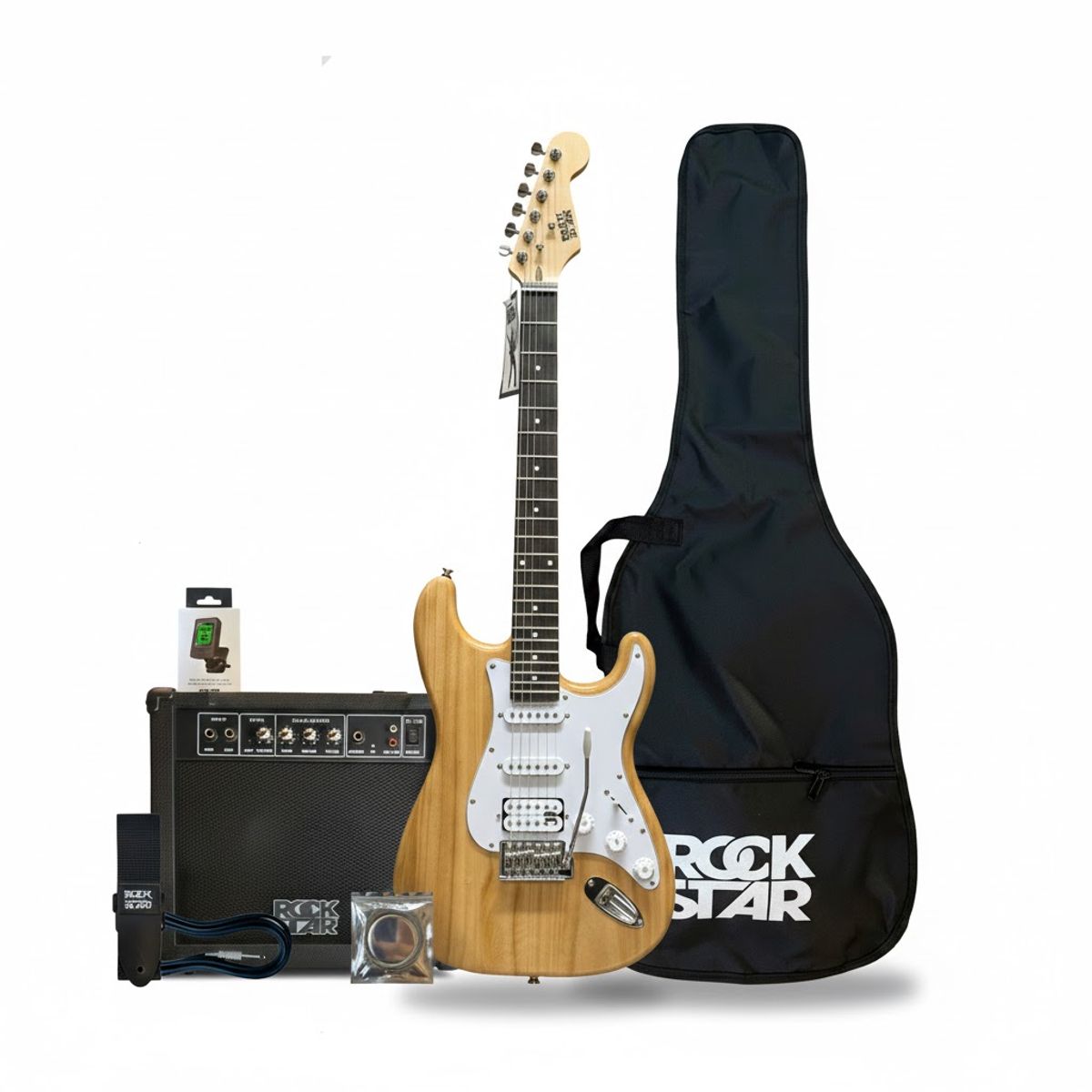 ROCKSTAR - Pack de Guitarra Electrica HSS Rockstar con Amplificador de 15W + 10 accesorios - Especial Natural