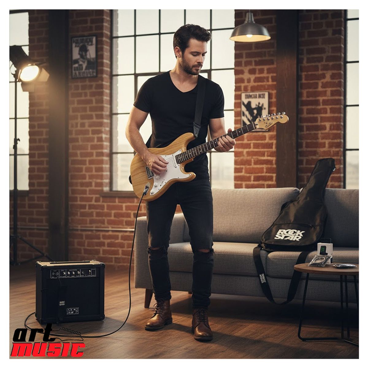 ROCKSTAR - Pack de Guitarra Electrica HSS Rockstar con Amplificador de 15W + 10 accesorios - Especial Natural