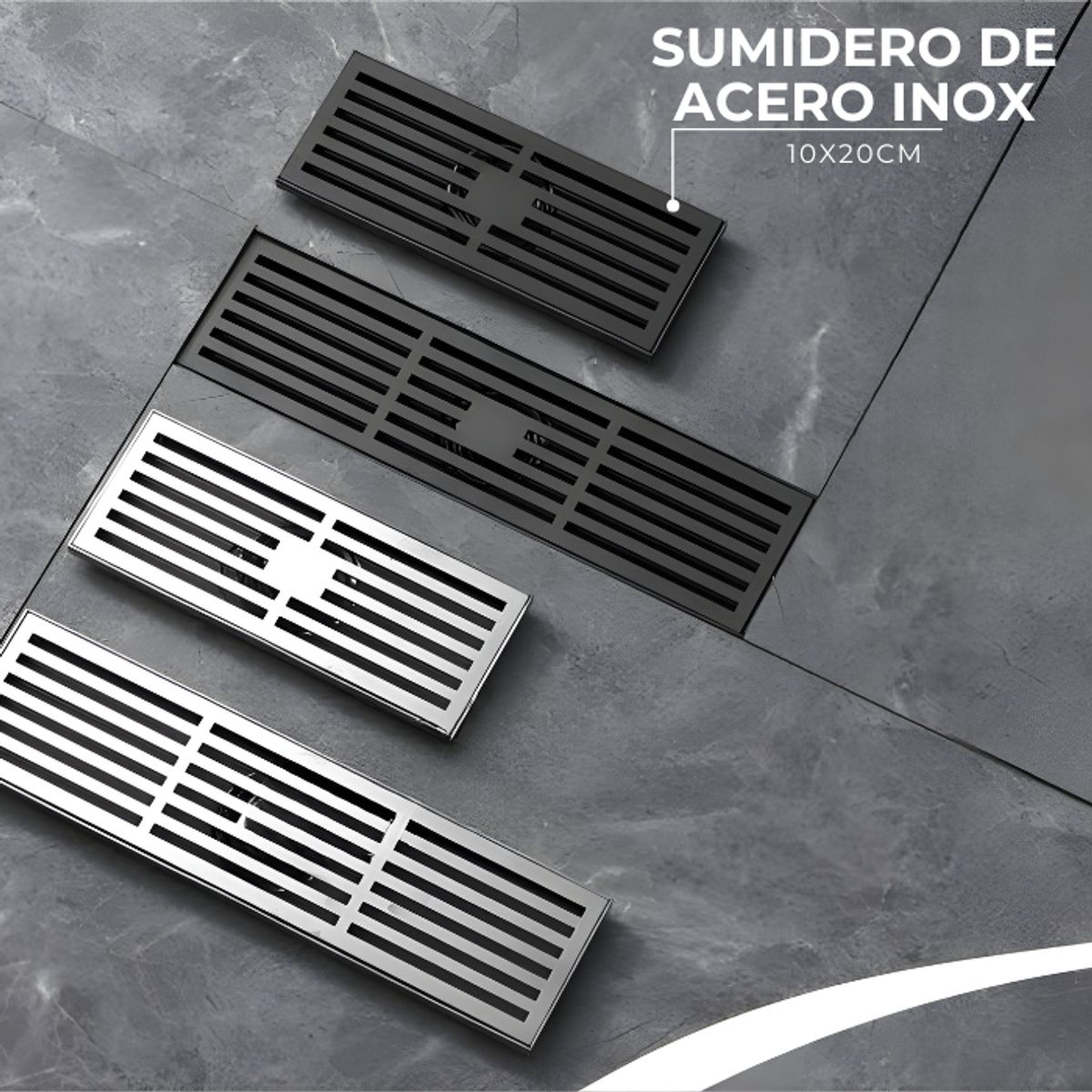 GENERICO - SUMIDERO DE ACERO SUS 304 RECTANGULAR 8 x 20 CM NEGRO