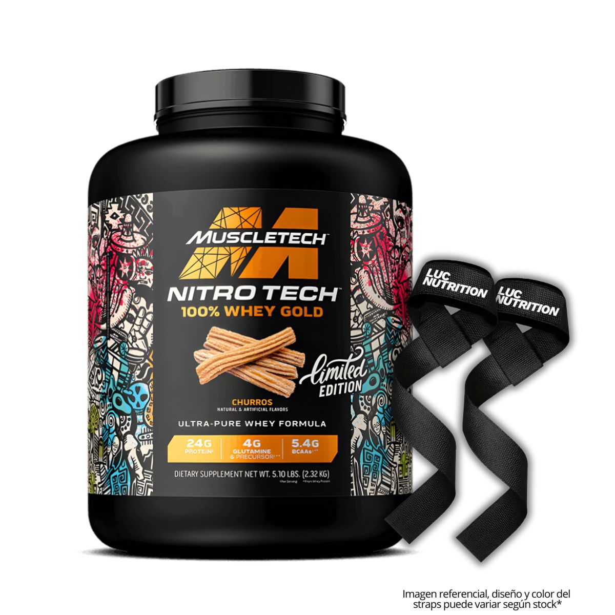 MUSCLETECH - Nitrotech 100 % Whey Gold 5.1 LB Proteina Muscletech - Churro + Straps