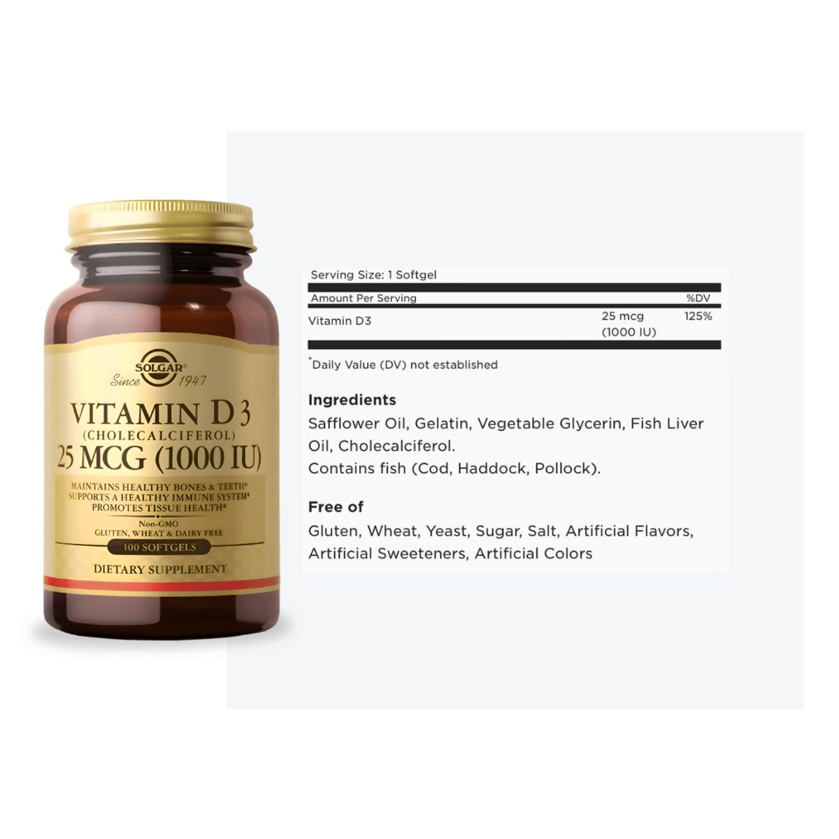 SOLGAR - Vitamina D3 Solgar - 25 MCG (1000IU) 100 cápsulas