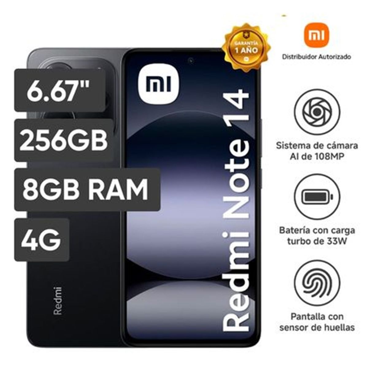 XIAOMI - XIAOMI REDMI NOTE 14  NEGRO OCASO 8GB (16GBRAM EXT) + 256GB ROM CAMARA 108MP AI 5500 mAh 6.67 AM
