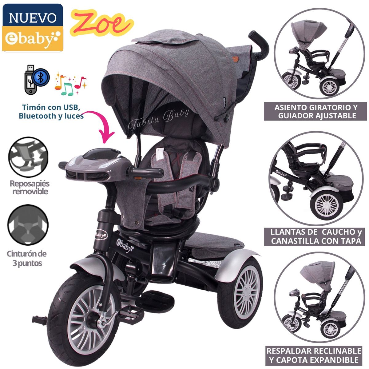 EBABY - Triciclo para niños Musical Reversible Zoe Gris