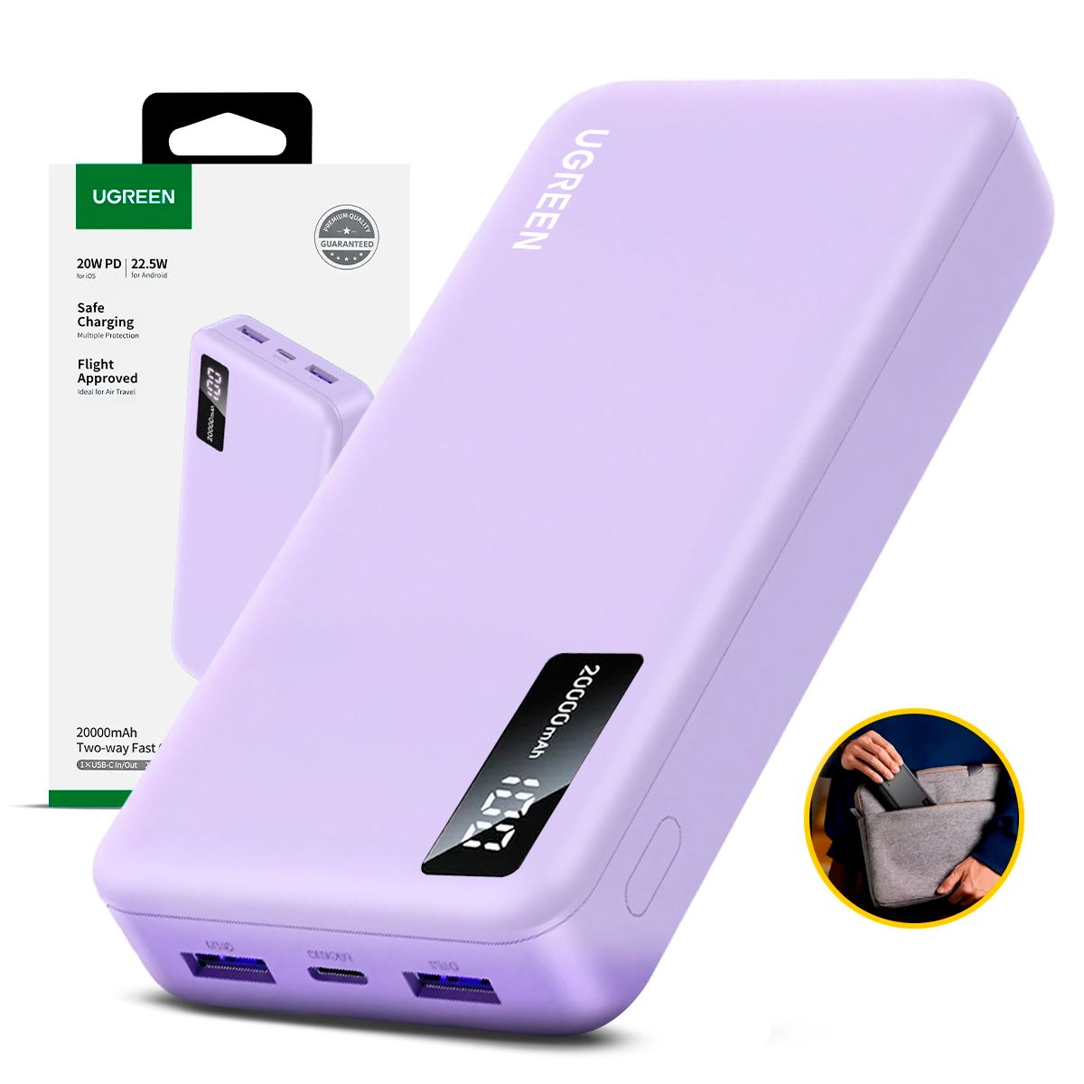 UGREEN - Power Bank Ugreen 20000 Mah Tipo C 20W PD Pantalla LED Lila
