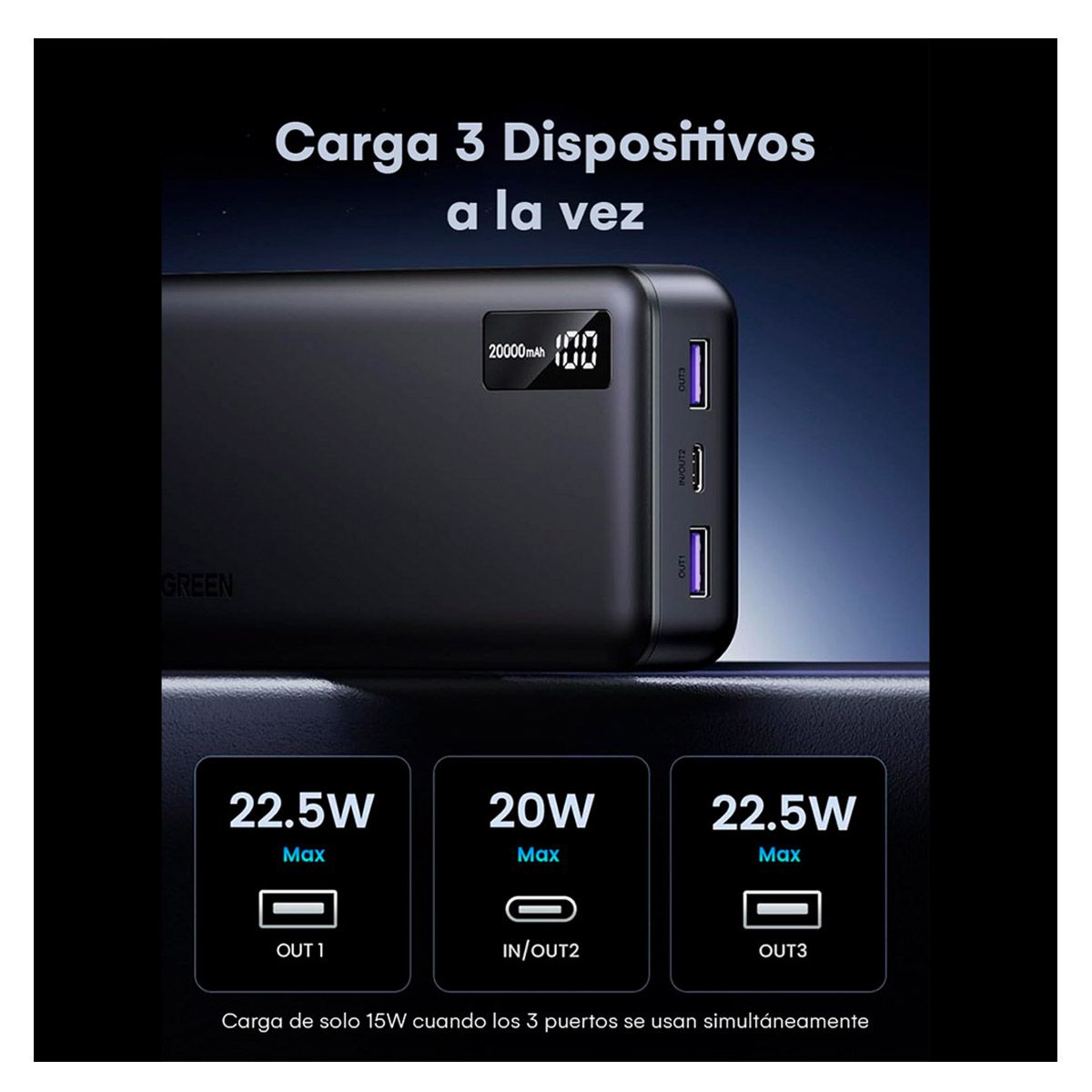 UGREEN - Power Bank Ugreen 20000 Mah Tipo C 20W PD Pantalla LED Lila