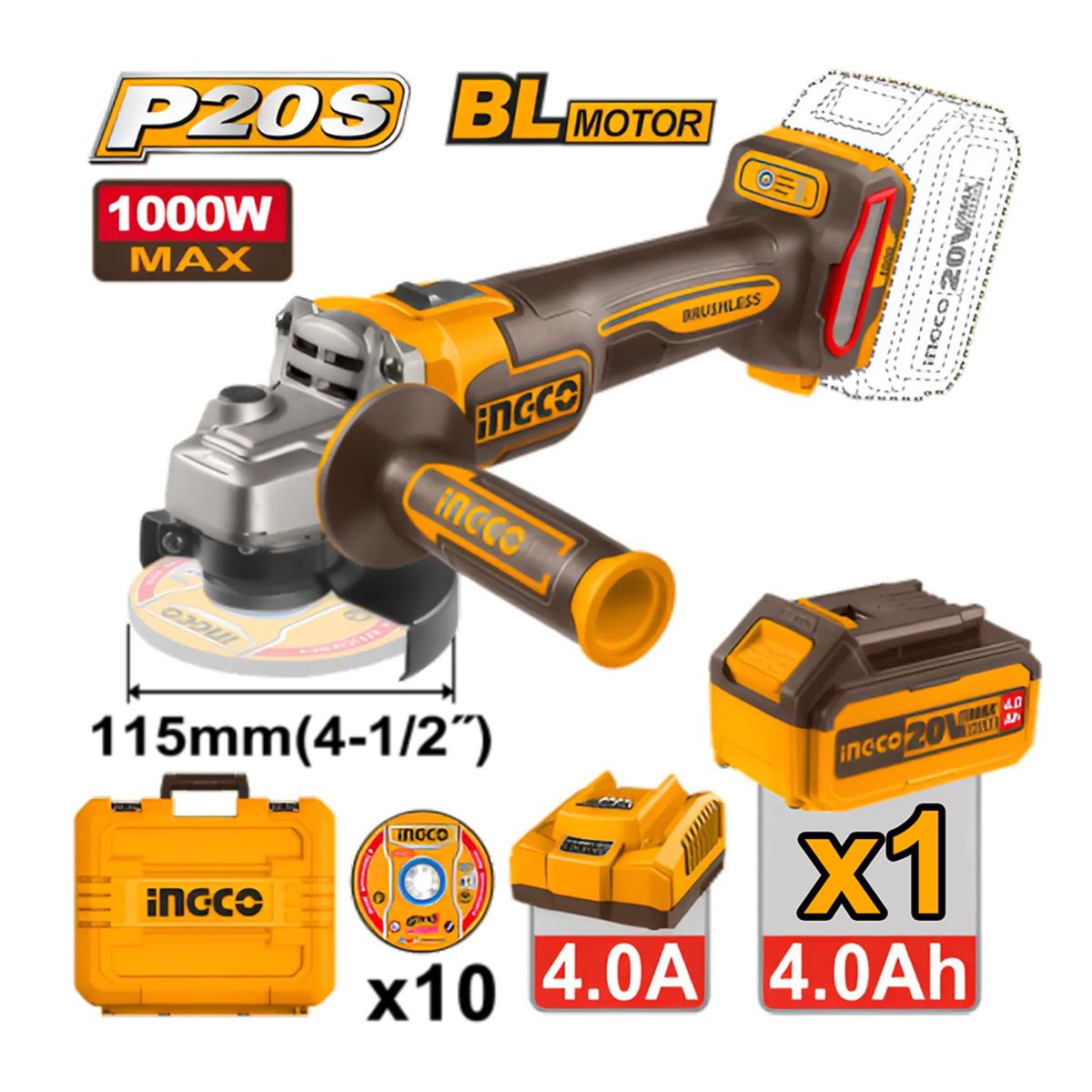 INGCO TOOLS - AMOLADORA ANGULAR BRUSHLESS INGCO 20V 1000W 4 1/2″ 115MM + BATERÍA 4.0AH + CARGADOR CAGLI271531