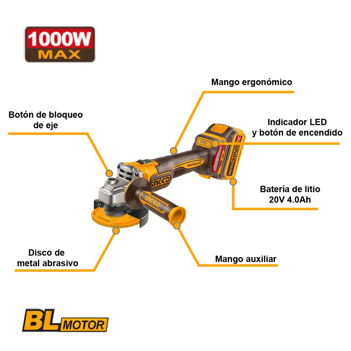 INGCO TOOLS - AMOLADORA ANGULAR BRUSHLESS INGCO 20V 1000W 4 1/2″ 115MM + BATERÍA 4.0AH + CARGADOR CAGLI271531