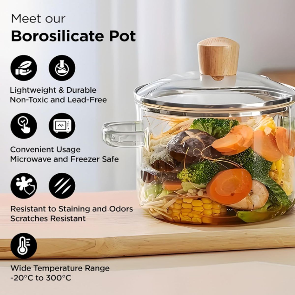 GENERICO - Olla de Vidrio Borosilicato Transparente Resistente al fuego 1.2 L