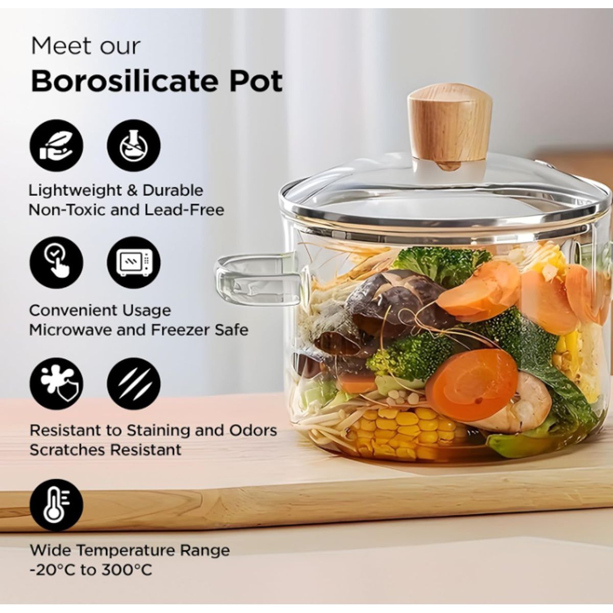 GENERICO - Olla de Vidrio Borosilicato Transparente Resistente al fuego 1.2 L