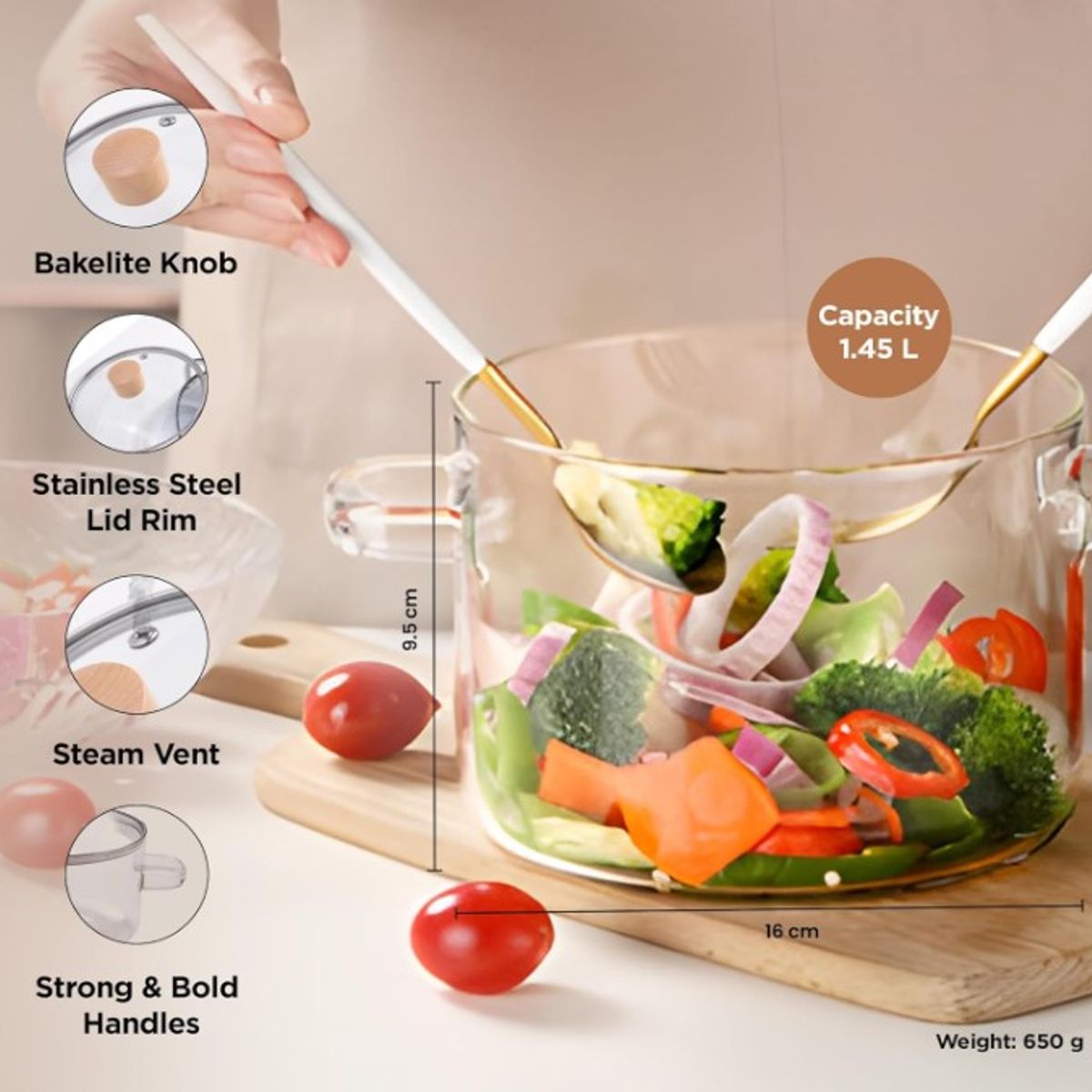 GENERICO - Olla de Vidrio Borosilicato Transparente Resistente al fuego 1.2 L