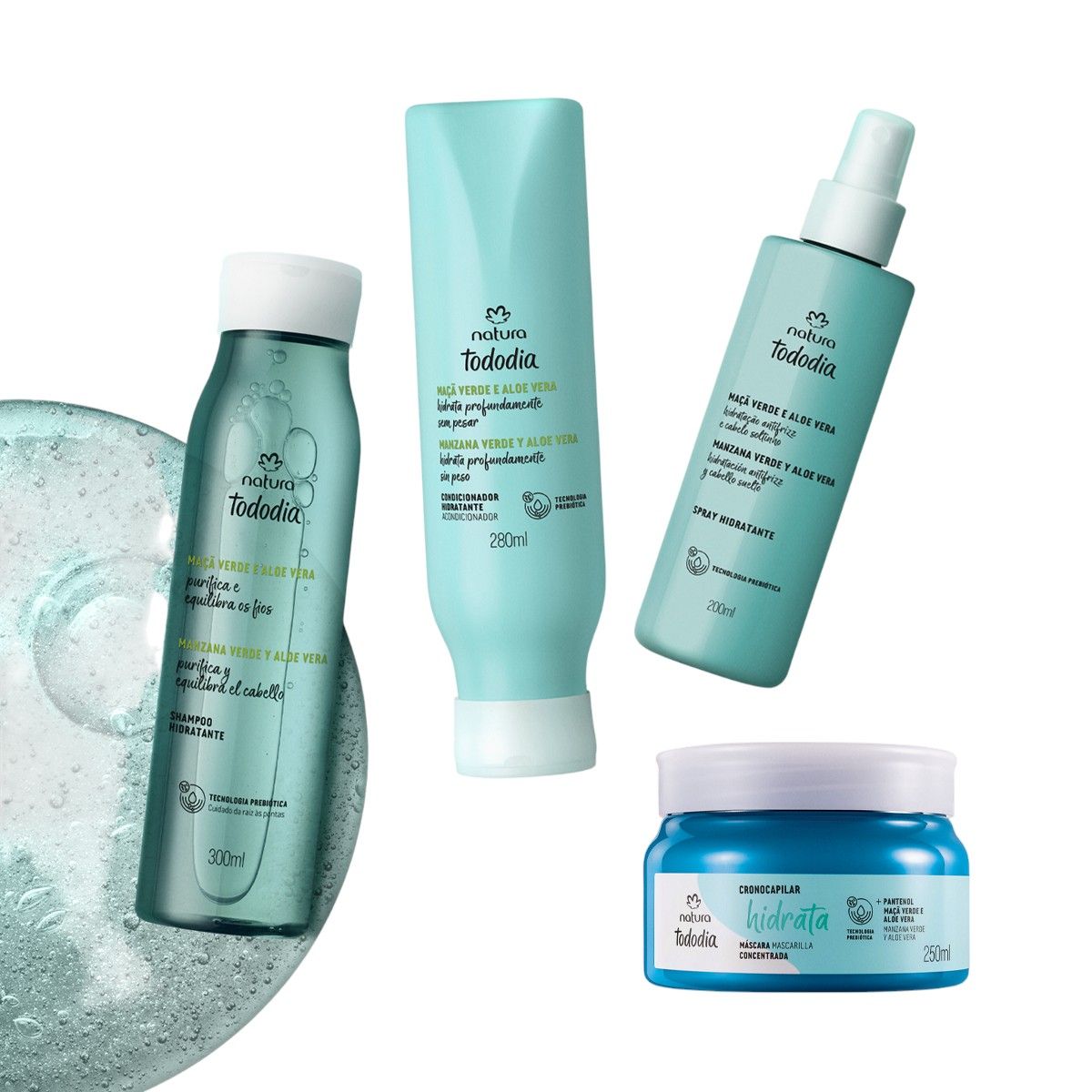 NATURA - Kit Cuidado Capilar Hidratante Tododia Manzana verde y Aloe vera Shampoo Acondicionador Spray y Mascarilla