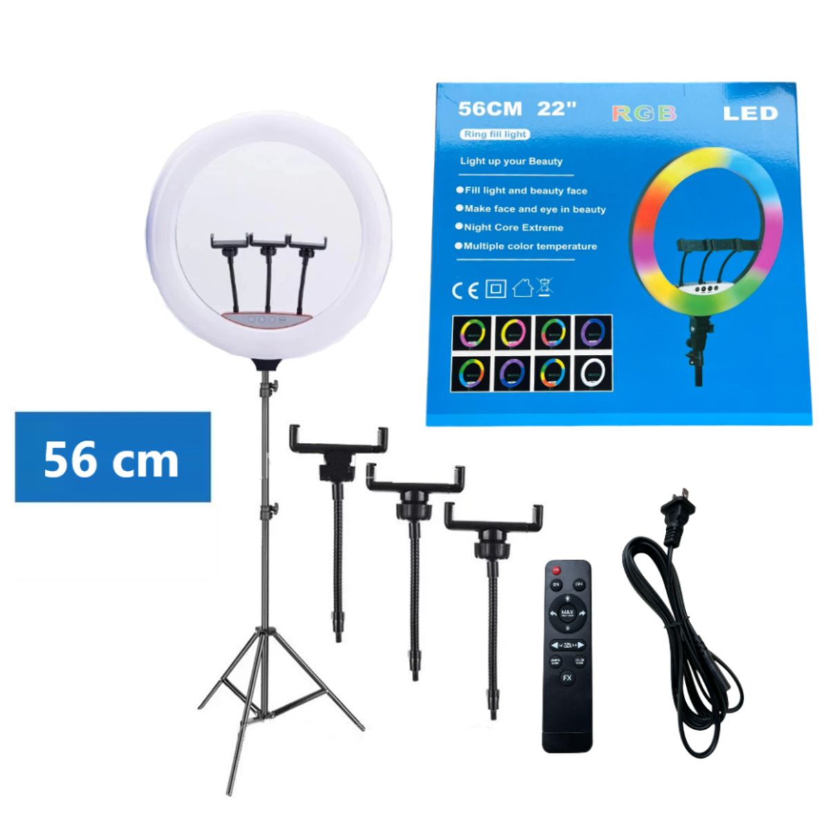 GENERICO - Aro anillo luz led 56cm + Tripode 1.50 mt + 3 Soportes de Celular