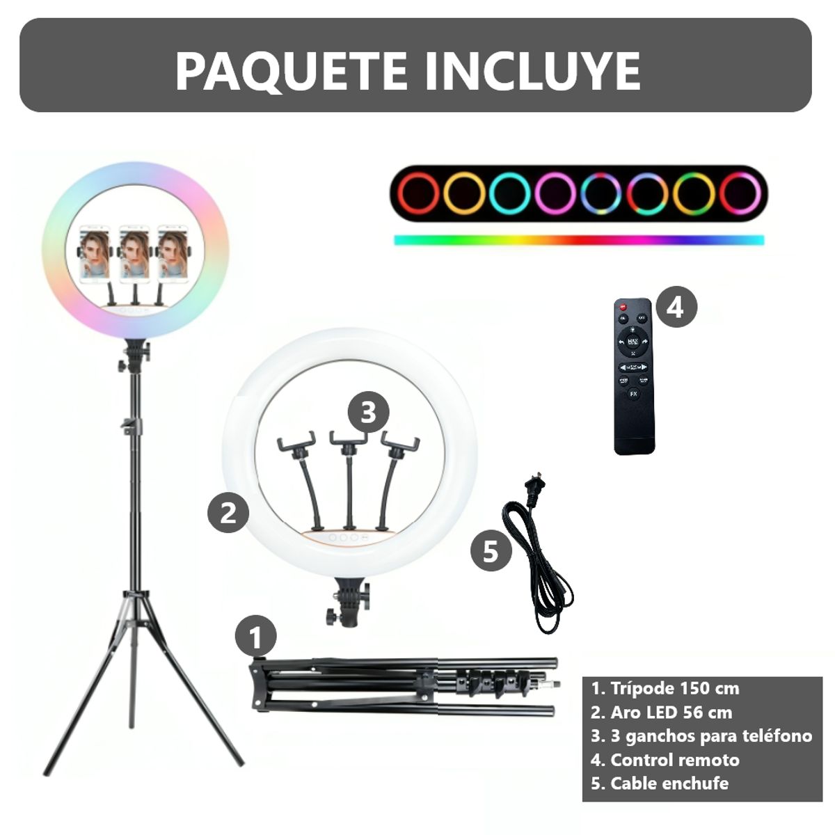 GENERICO - Aro anillo luz led 56cm + Tripode 1.50 mt + 3 Soportes de Celular