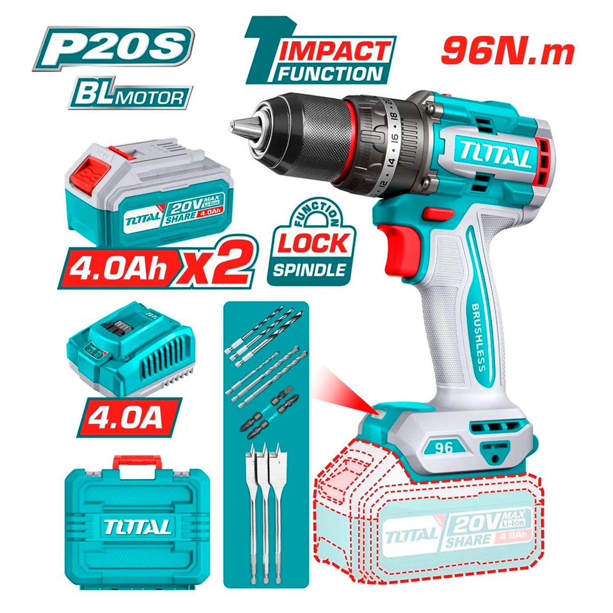 TOTAL TOOLS - Taladro Atornillador Percutor Industrial ½ Total TIDLI20968 20V 96Nm 2Bat x 4Ah Brushless