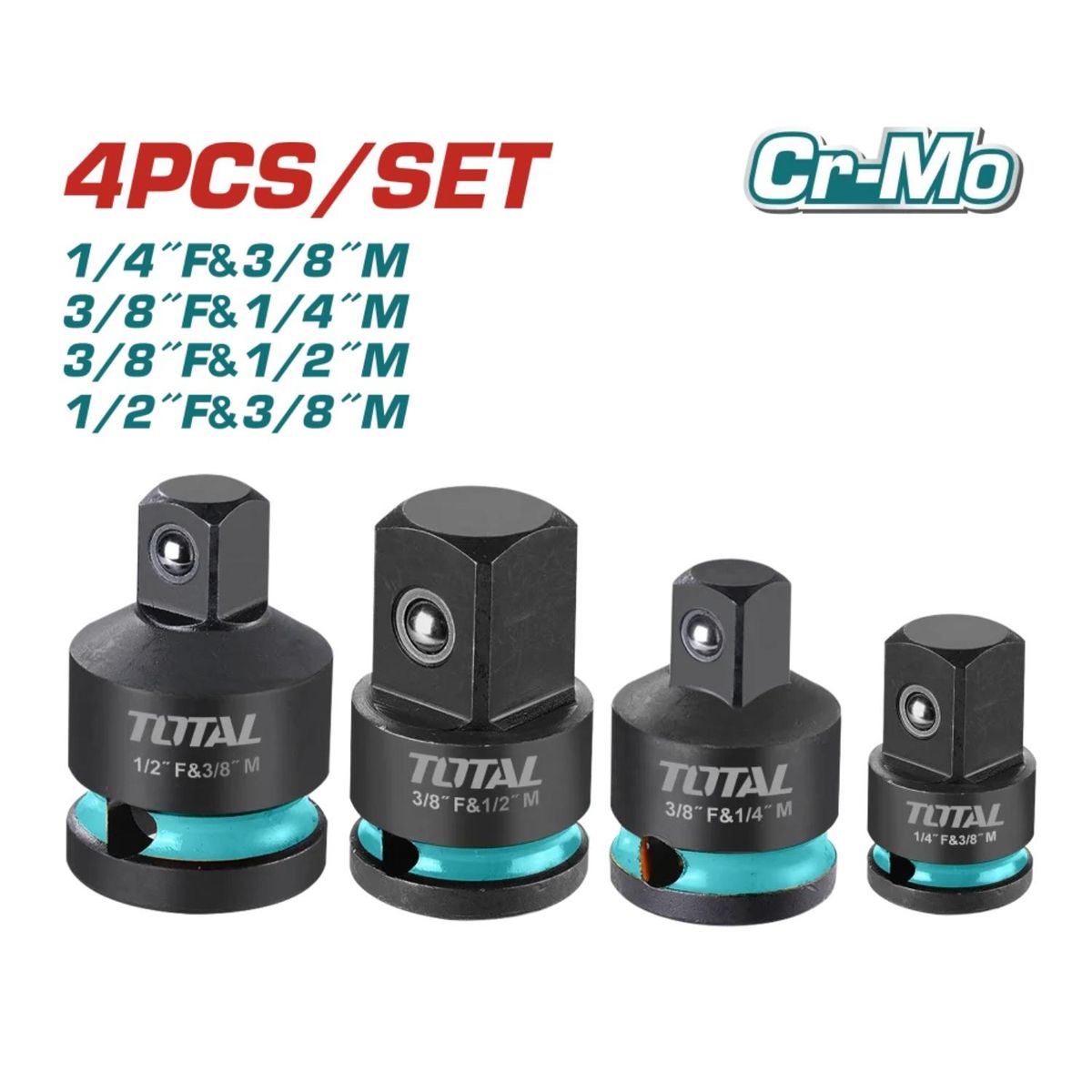 TOTAL TOOLS - Set 4 Adaptadores de Impacto Cr-Mo 1/4" 3/8" 1/2" TOTAL